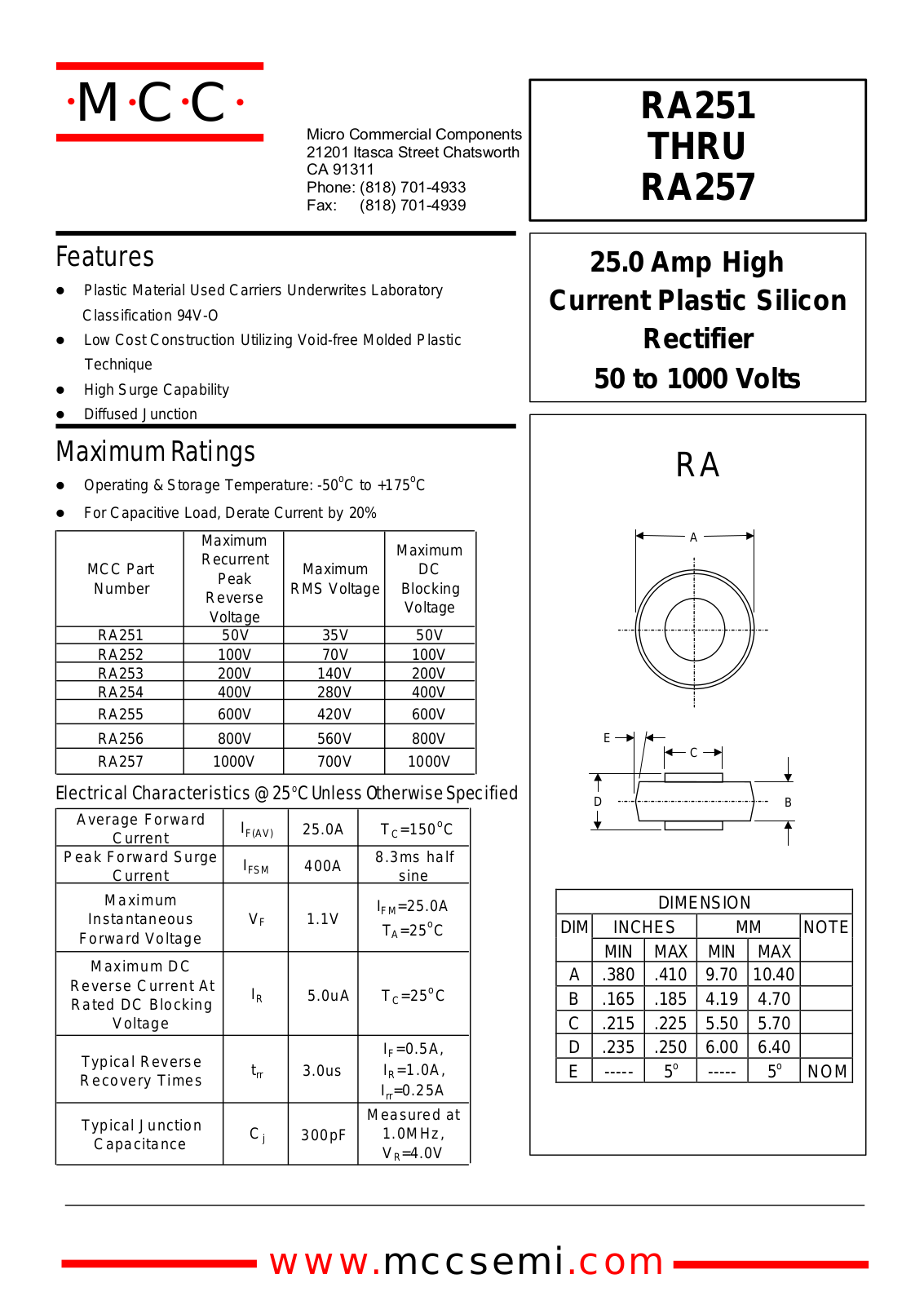 MCC RA251, RA253, RA254, RA255, RA256 Datasheet