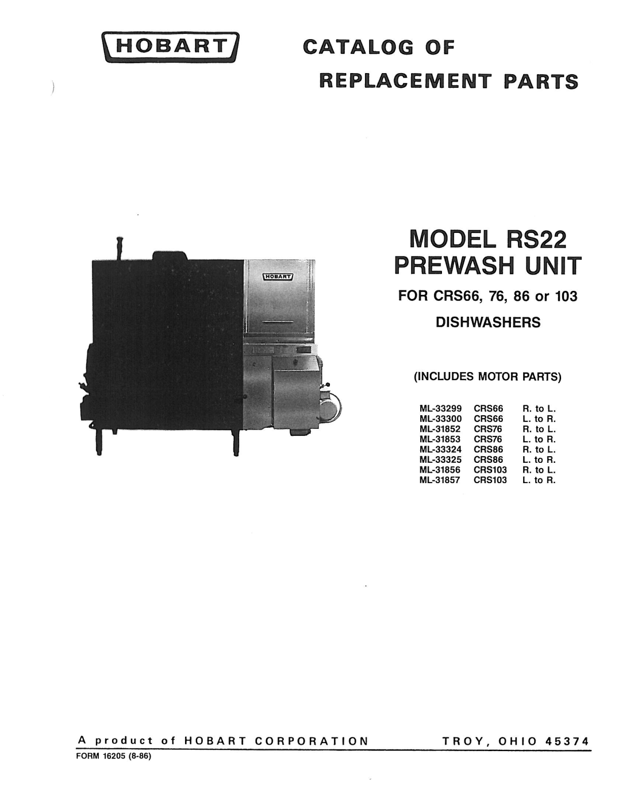 Hobart Food Machines CRS66 Parts List