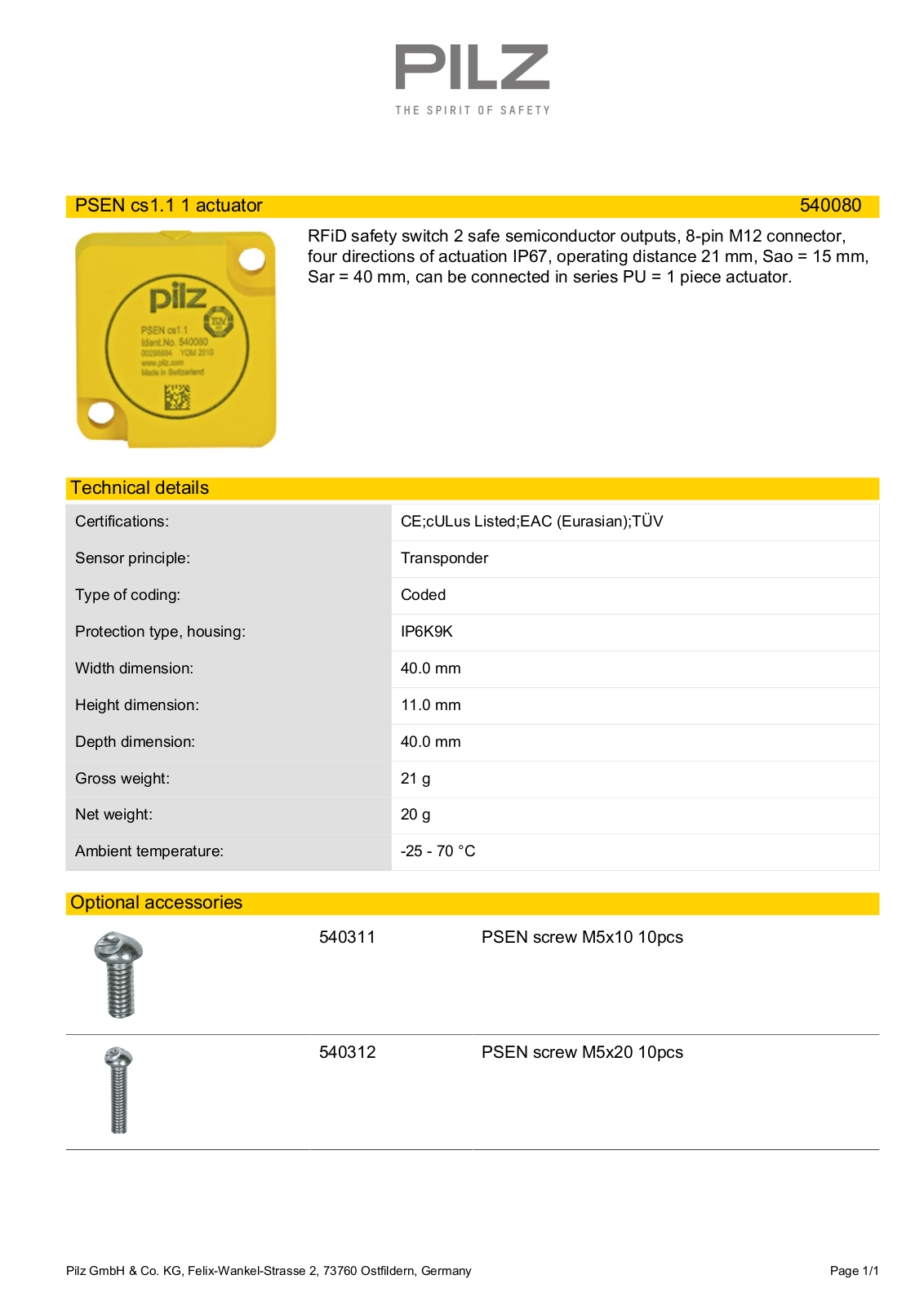 Pilz 540080 Data Sheet