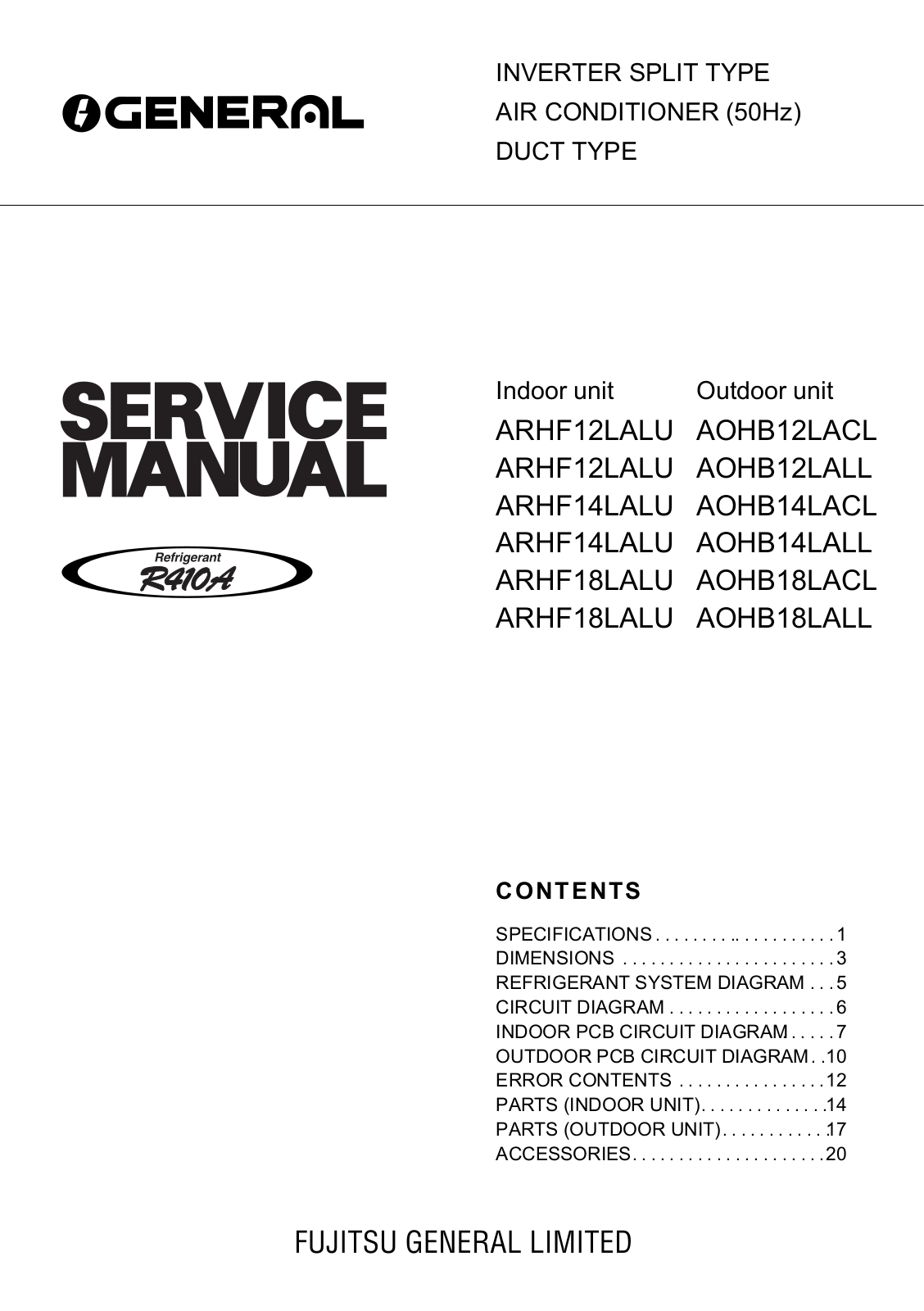 General ARHF12LL, ARHF12LALU, AOHB12LALL, AOHB12LACL, ARHF14LL Service Manual