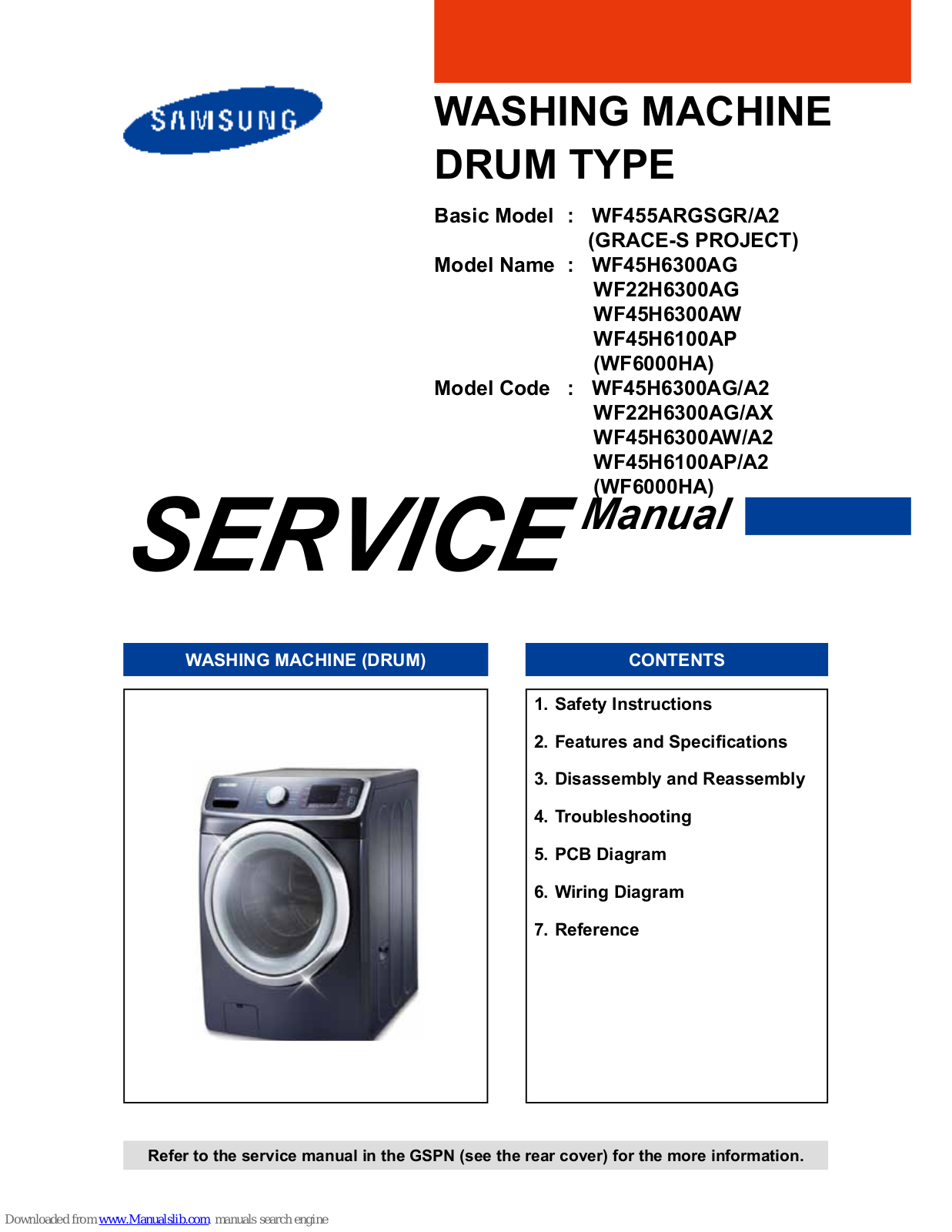 Samsung WF455ARGSGR/A2, WF45H6300AG, WF22H6300AG, WF45H6300AW, WF45H6100AP Service Manual