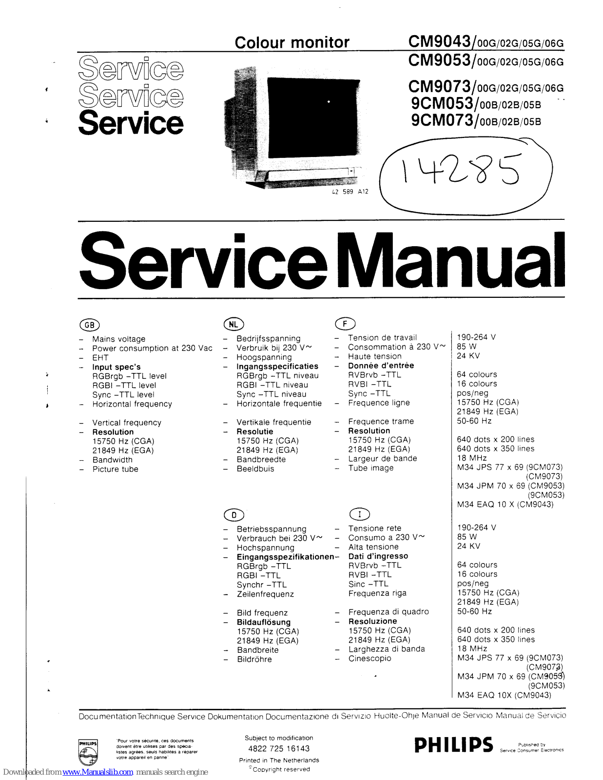 Philips CM9043, 9CM053, 9CM073, CM9053, CM9073 Service Manual