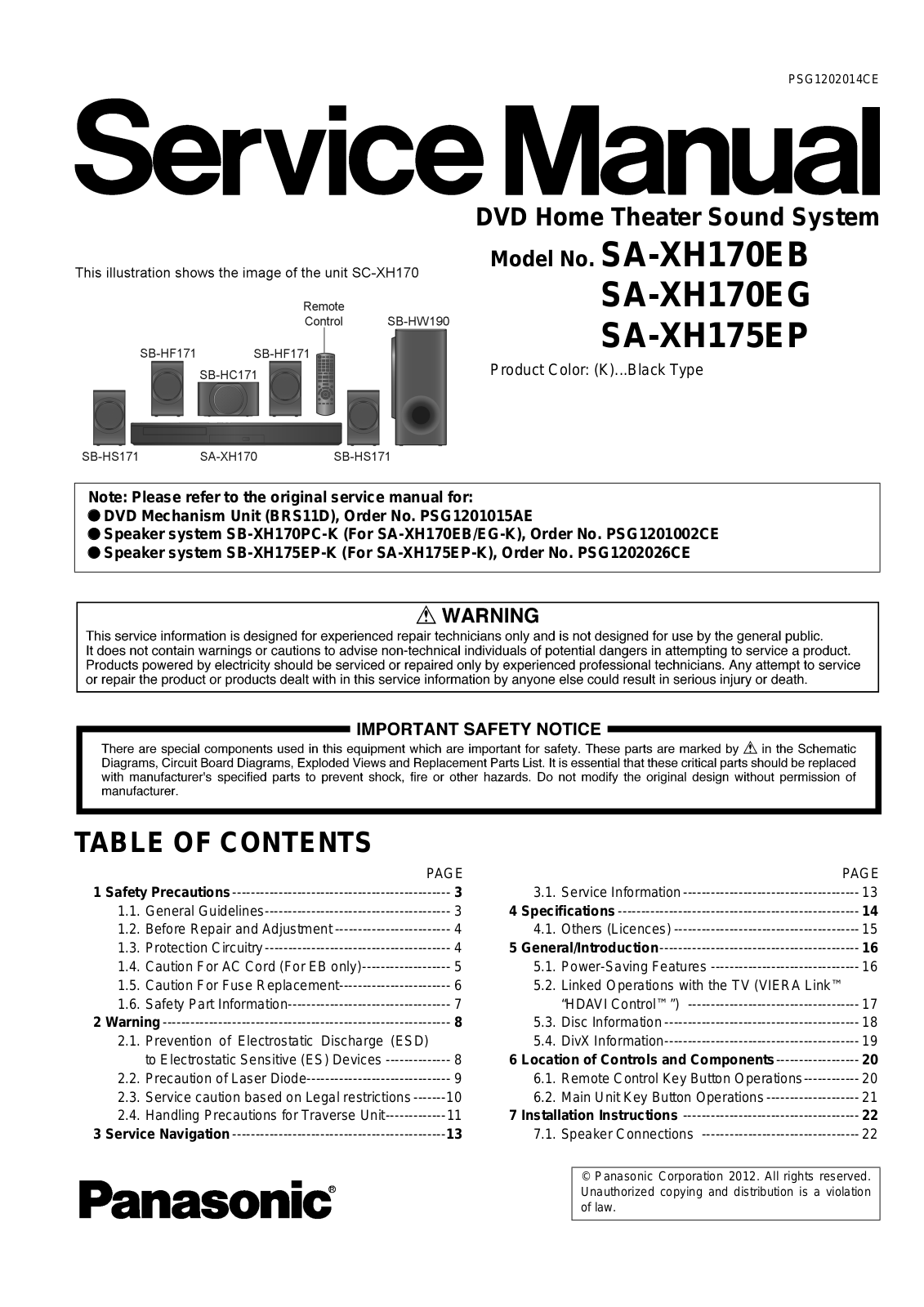 PANASONIC SA-XH170EB, SA-XH170EG, SA-XH175EP Service Manual