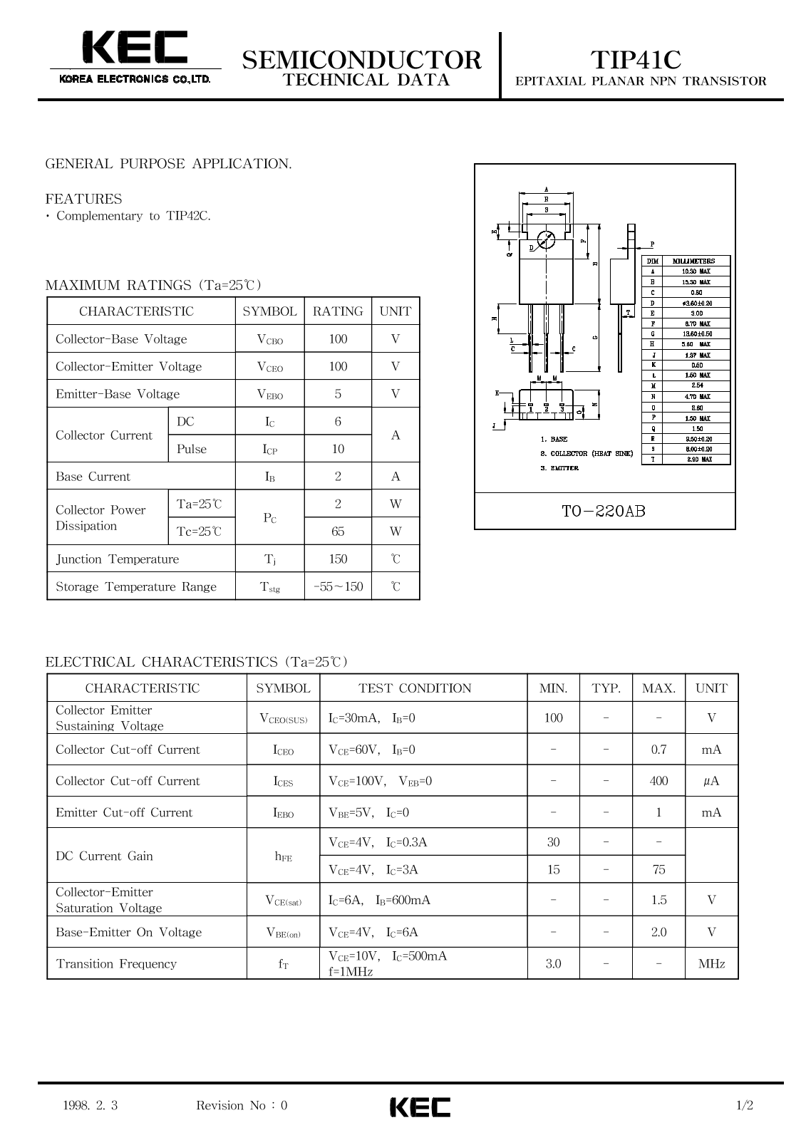 KEC TIP41C Datasheet