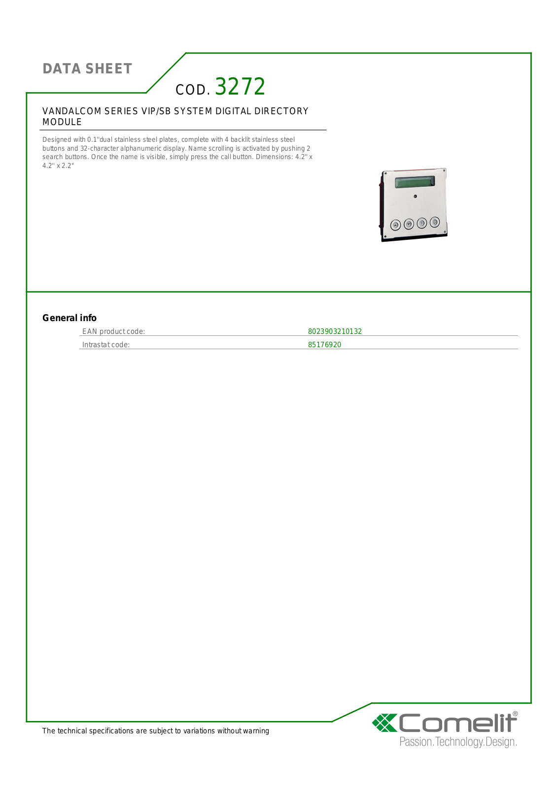 Comelit 3272 Specsheet