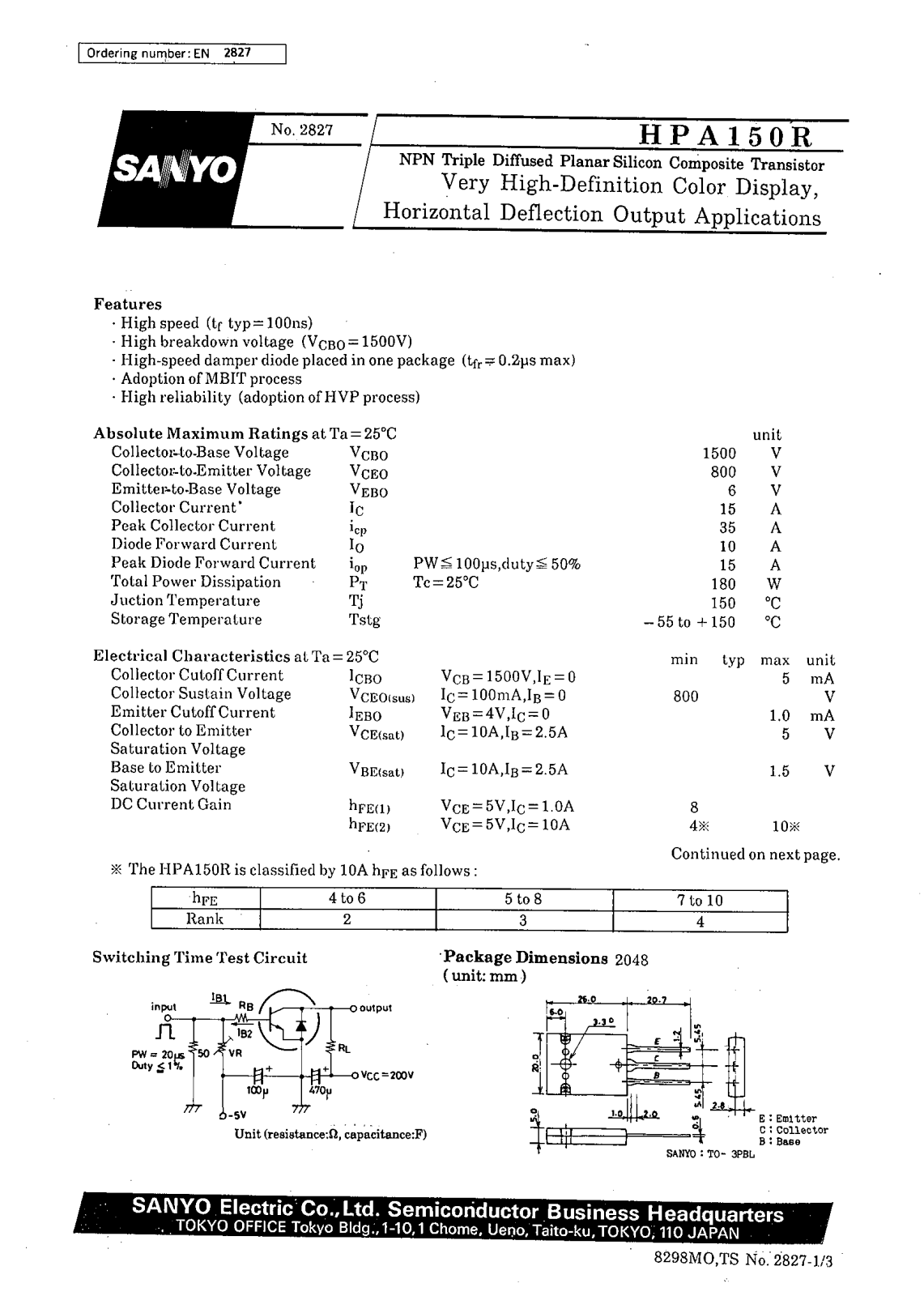 SANYO HPA150R Datasheet