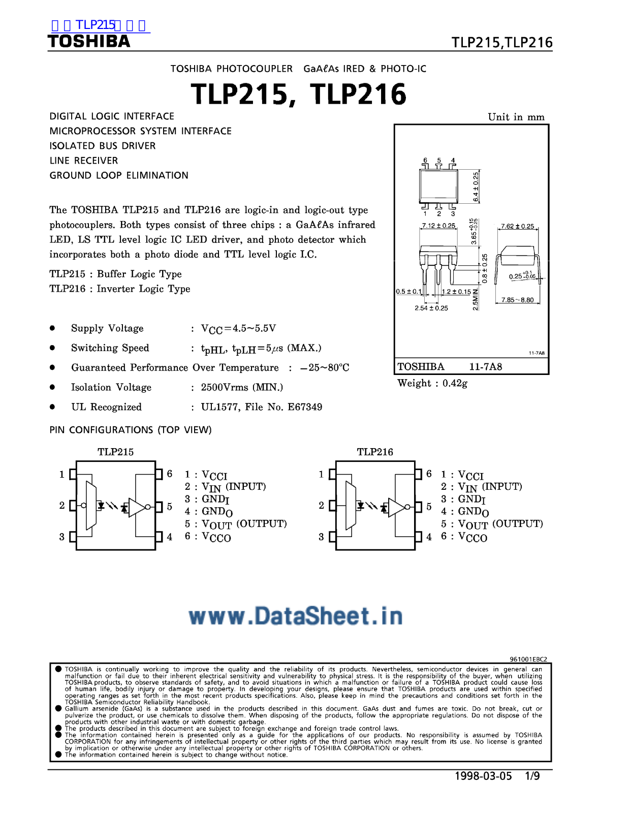 TOSHIBA TLP215, TLP216 Technical data