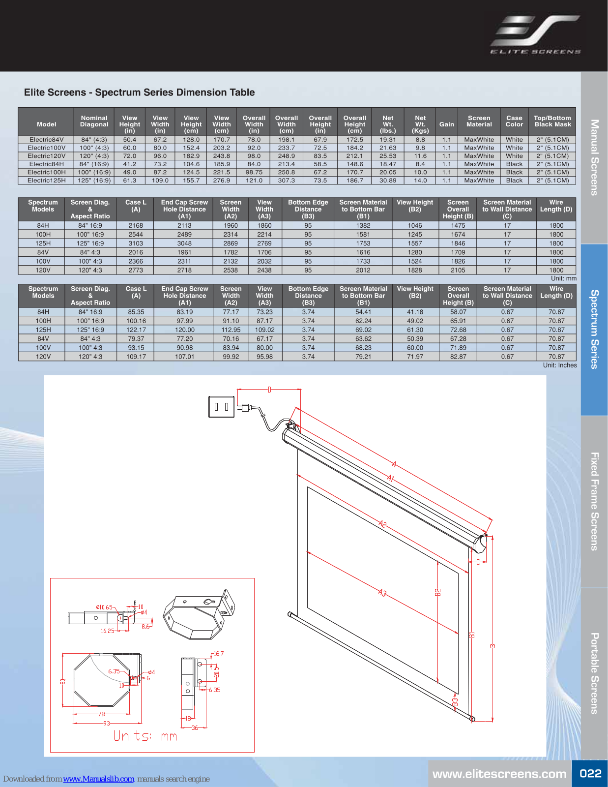 Elite Screens Electric100H, Electric100V, Electric120V, Electric125V, Electric80H Specifications - ManualMachine.com