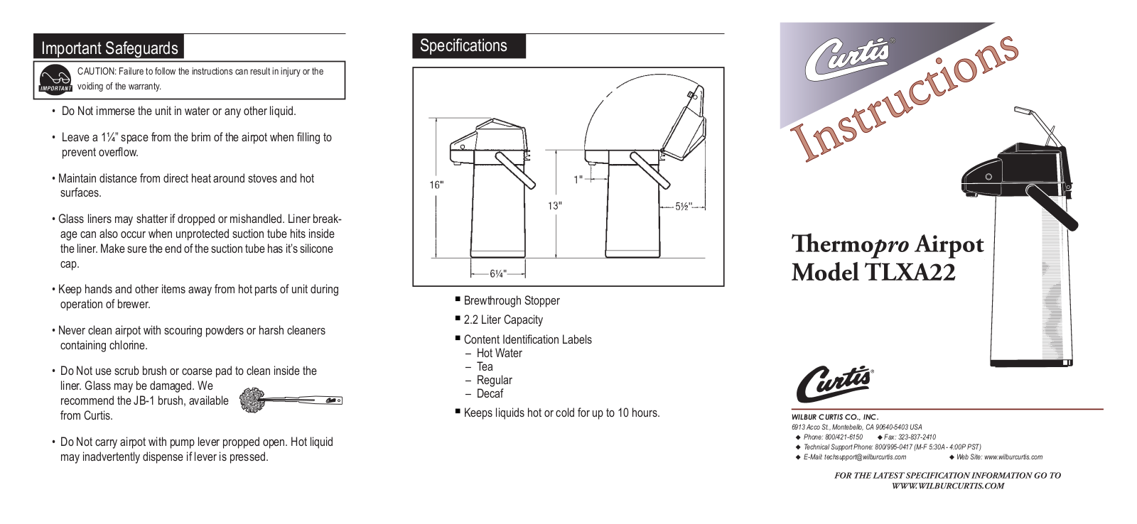 Wilbur Curtis TLXA22, TLXA2201 Installation  Manual