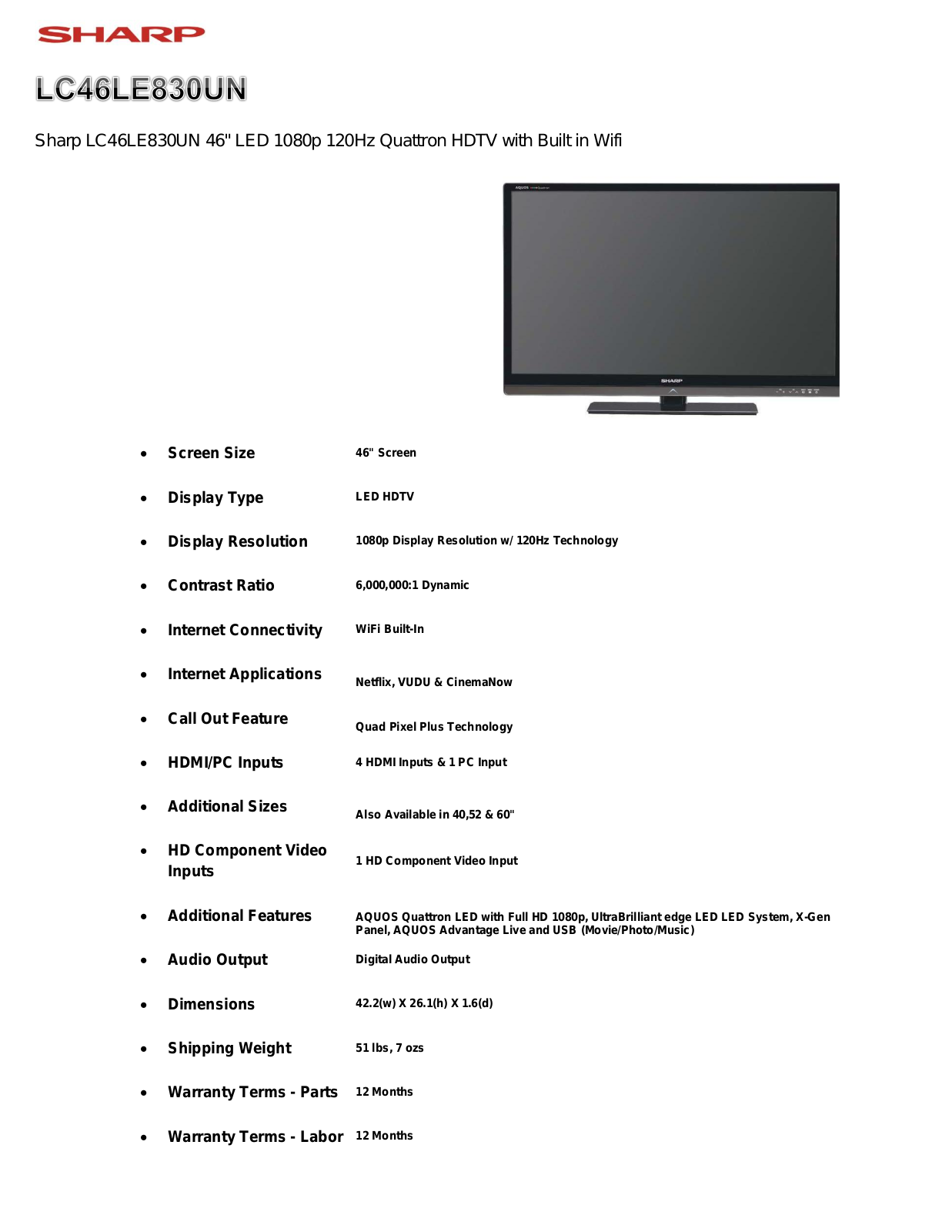 Sharp LC46LE830UN Quattron Brochure