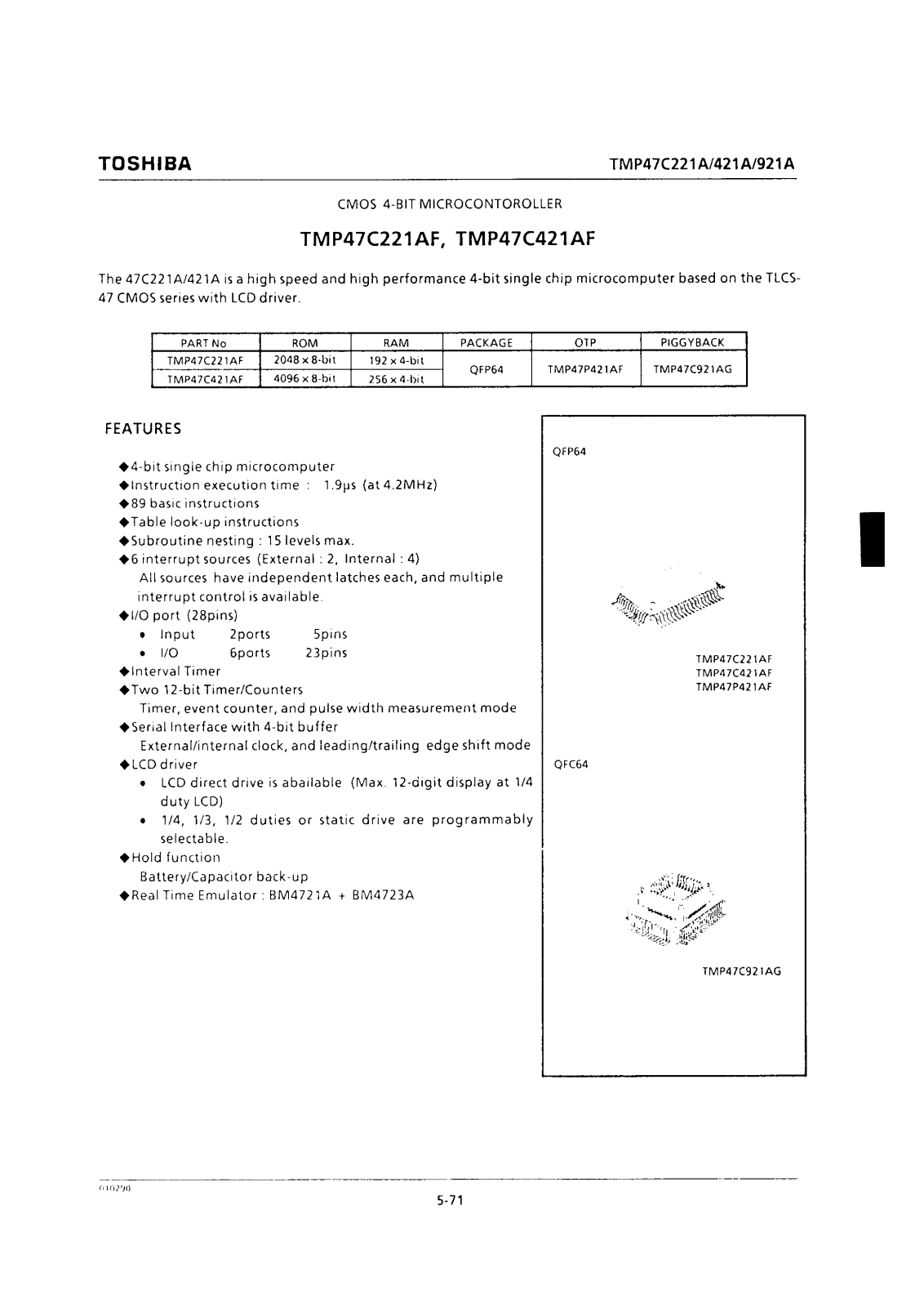 Toshiba TMP47C921AG Datasheet