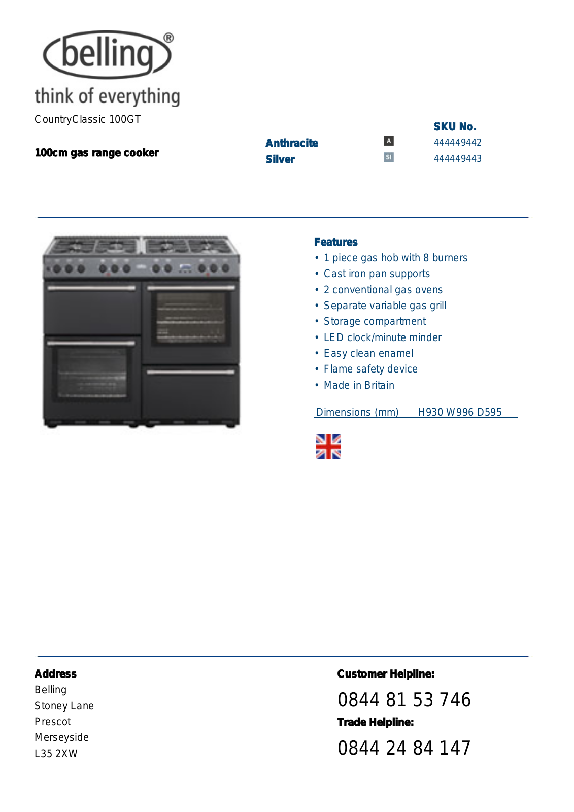 Belling COUNTRYCLASSIC 100GT DATASHEET