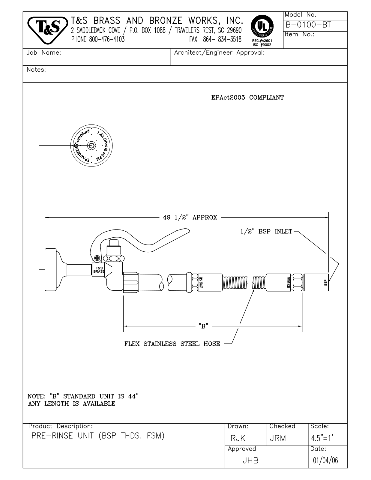 T&S Brass B-0100-BT User Manual