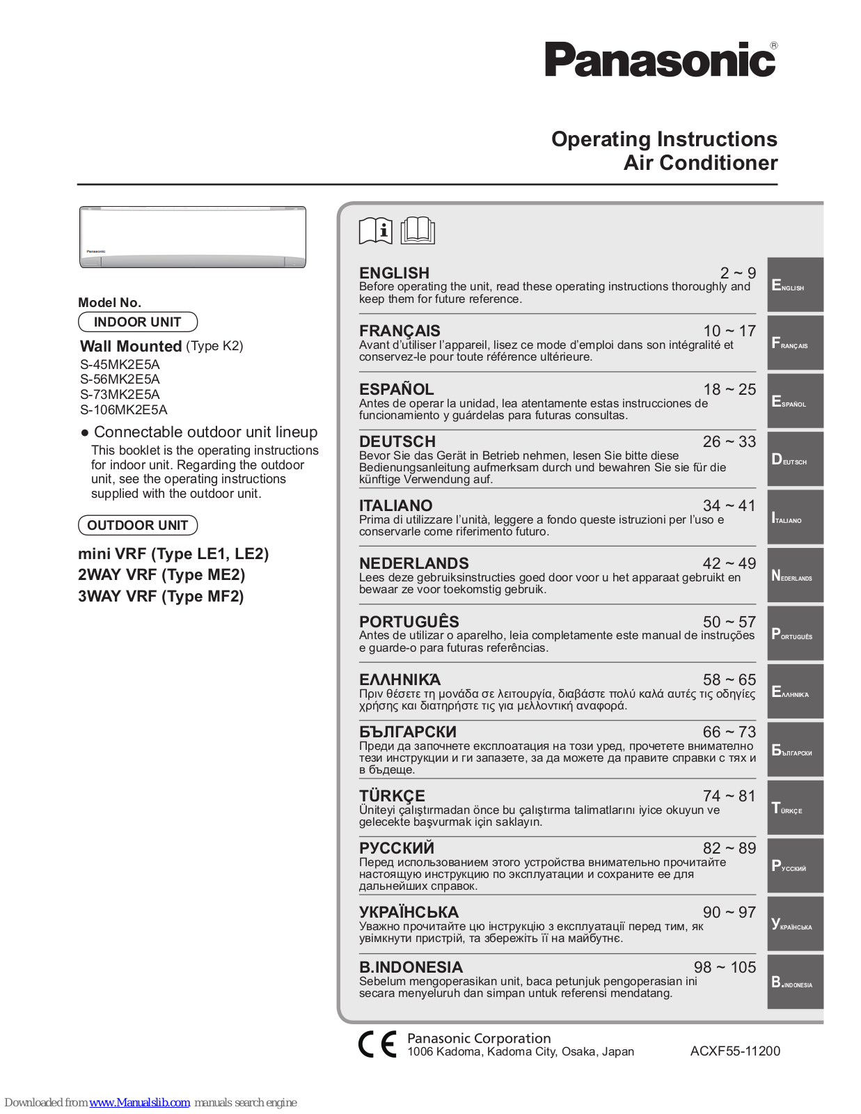 Panasonic S-45MK2E5A, S-56MK2E5A, S-73MK2E5A, S-106MK2E5A Operating Instructions Manual