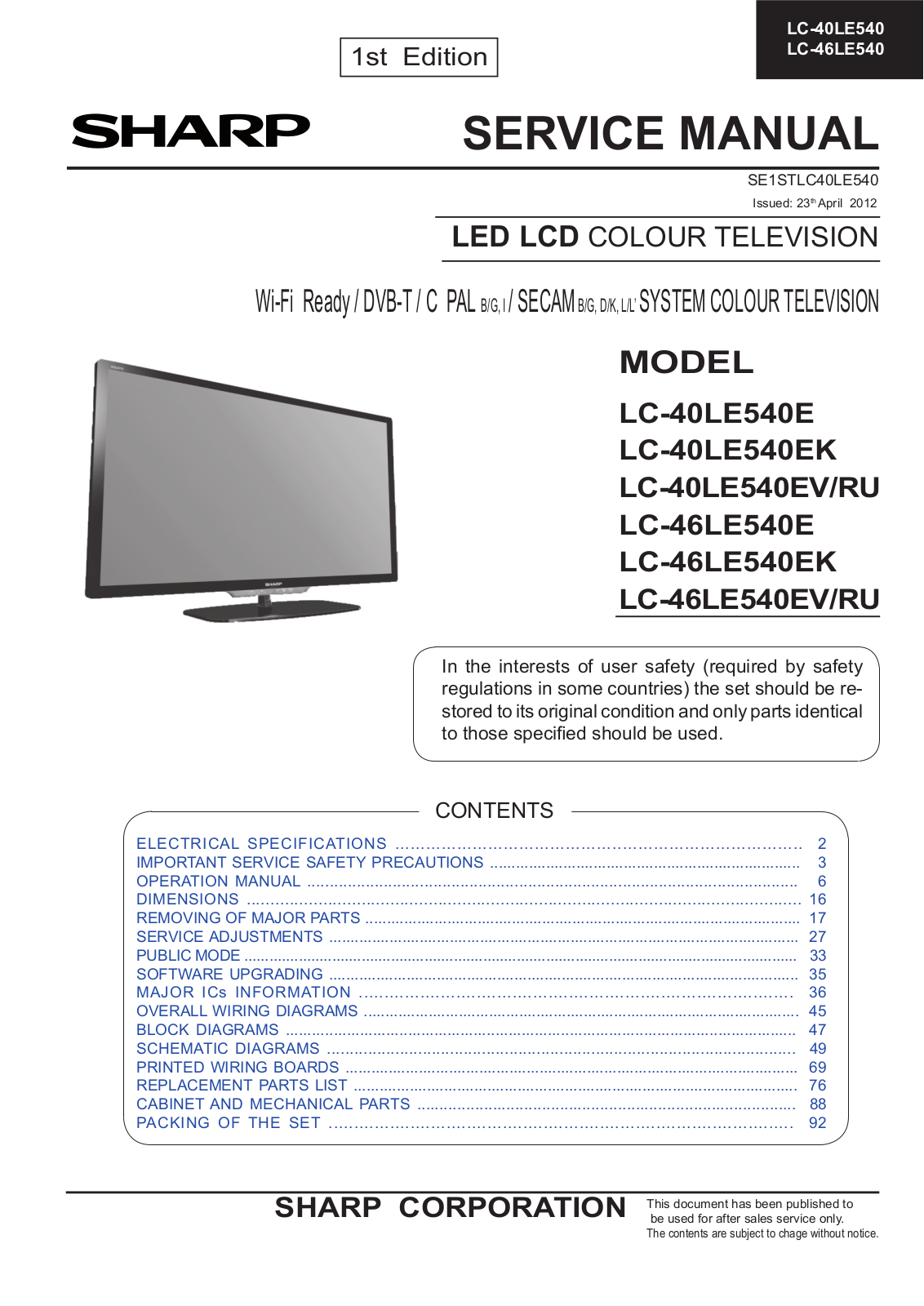 Sharp LC-40LE540, LC-46LE540 Service manual