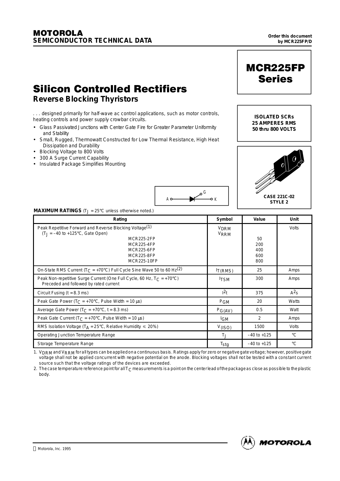 Motorola MCR225-4FP, MCR225-6FP, MCR225-8FP, MCR225-10FP, MCR225-2FP Datasheet