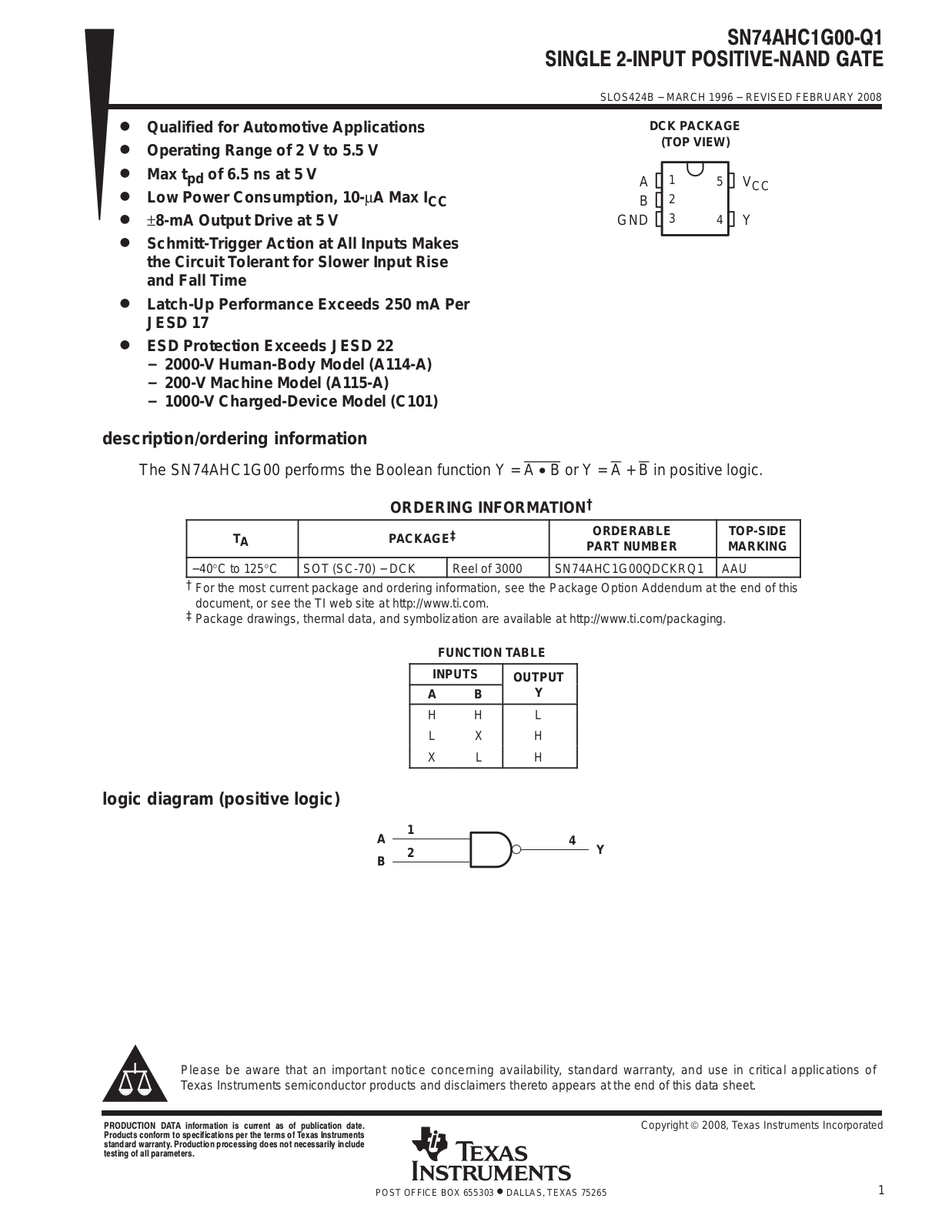 Texas Instruments SN74AHC1G00, SN74AHC1G00-Q1 Schematic