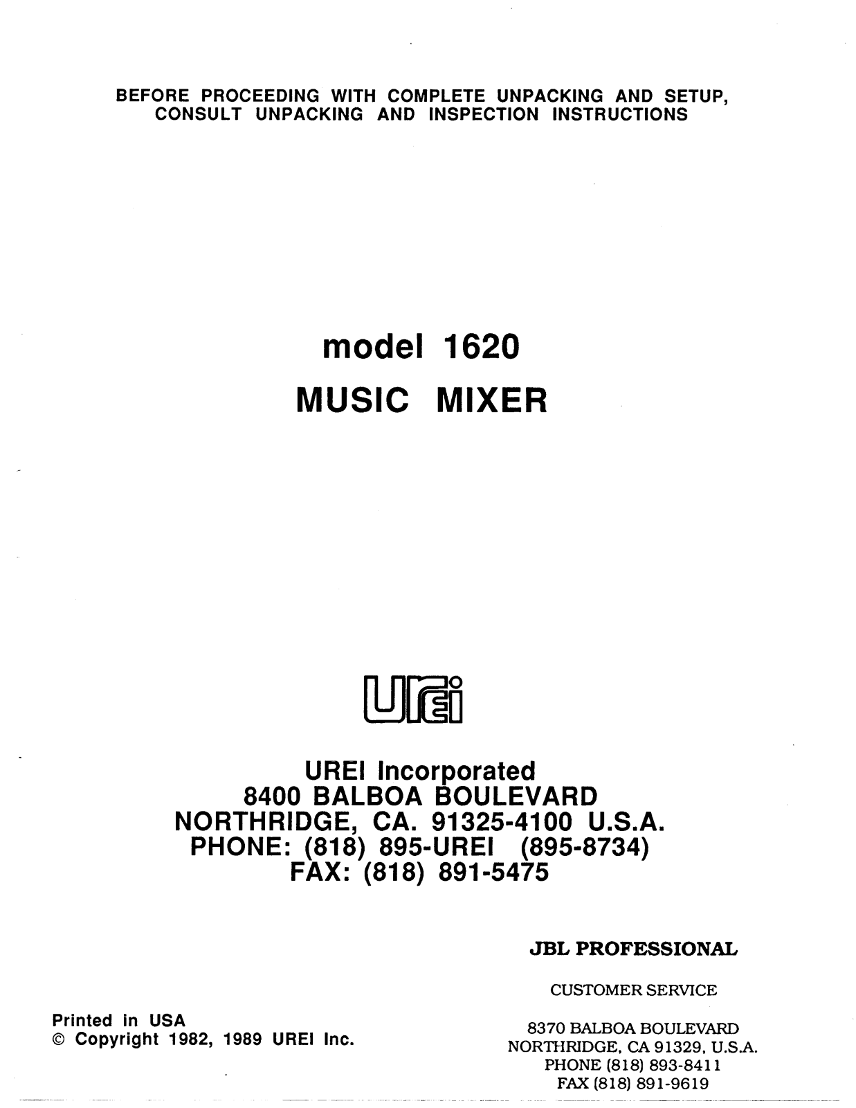 JBL UREI 1620 User Manual