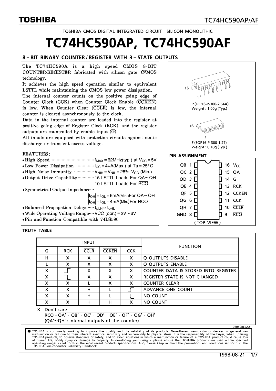 Toshiba TC74HC590AP Datasheet