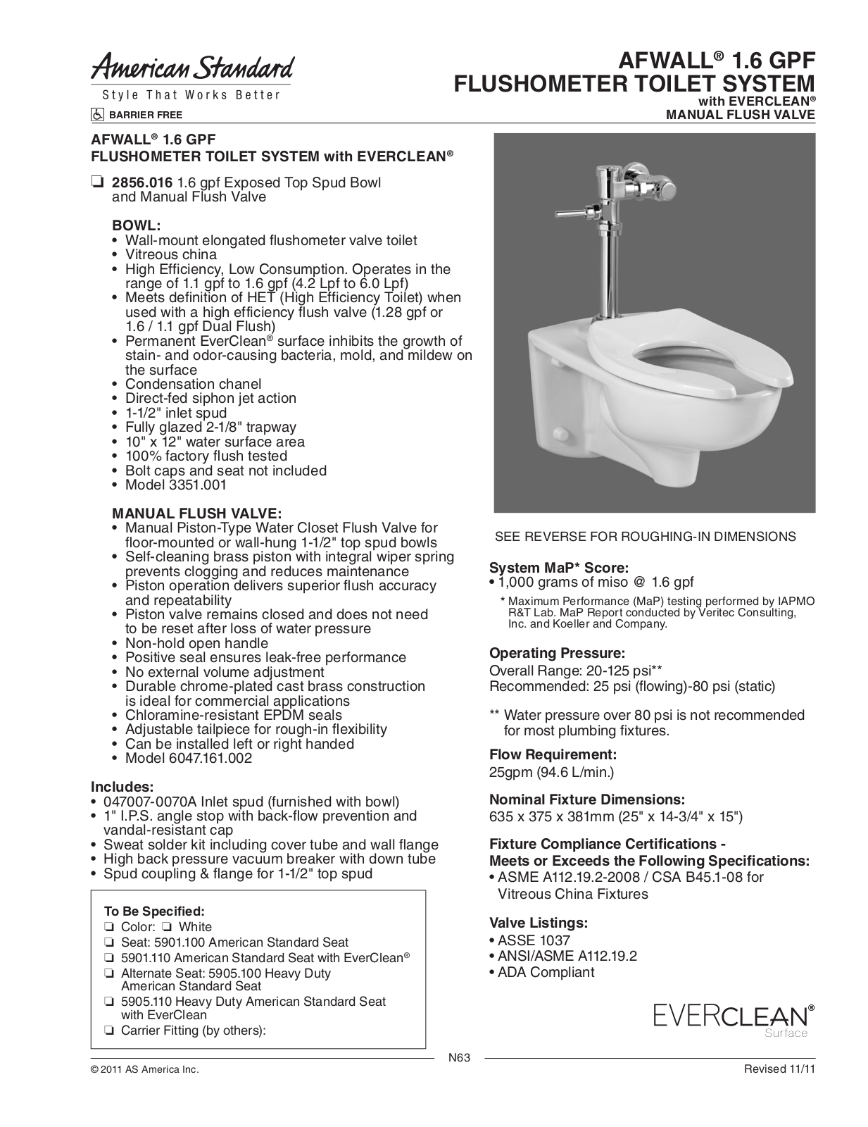 American Standard 3351.001, FLUSHOMETER TOILET SYSTEM User Manual