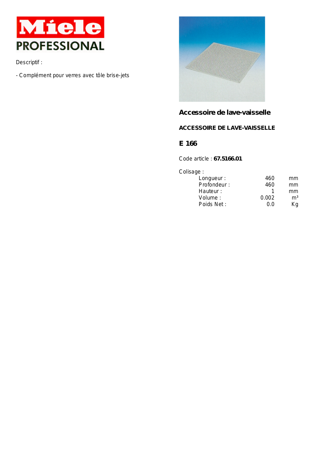 MIELE E 166 DESCRIPTIF User Manual