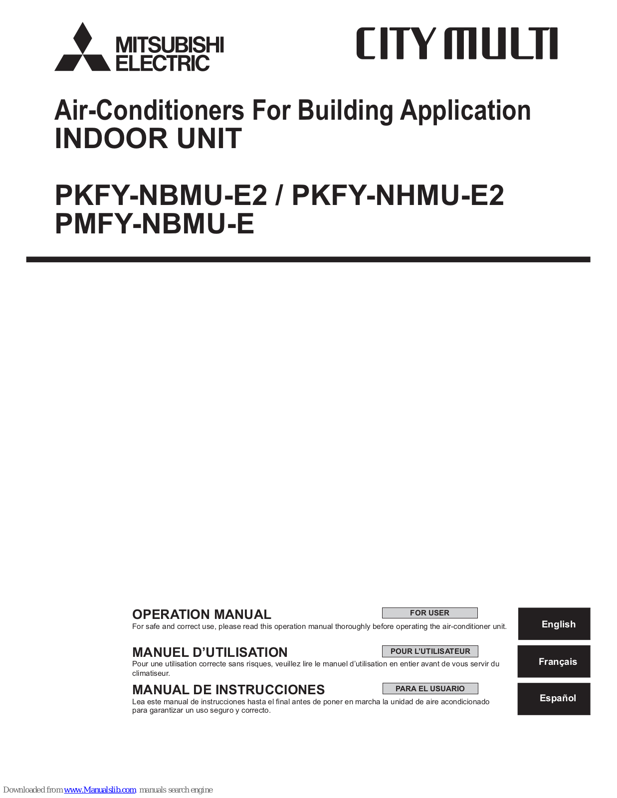 Mitsubishi PKFY-NBMU-E2, PKFY-NHMU-E2, PMFY-NBMU-E Operation Manual