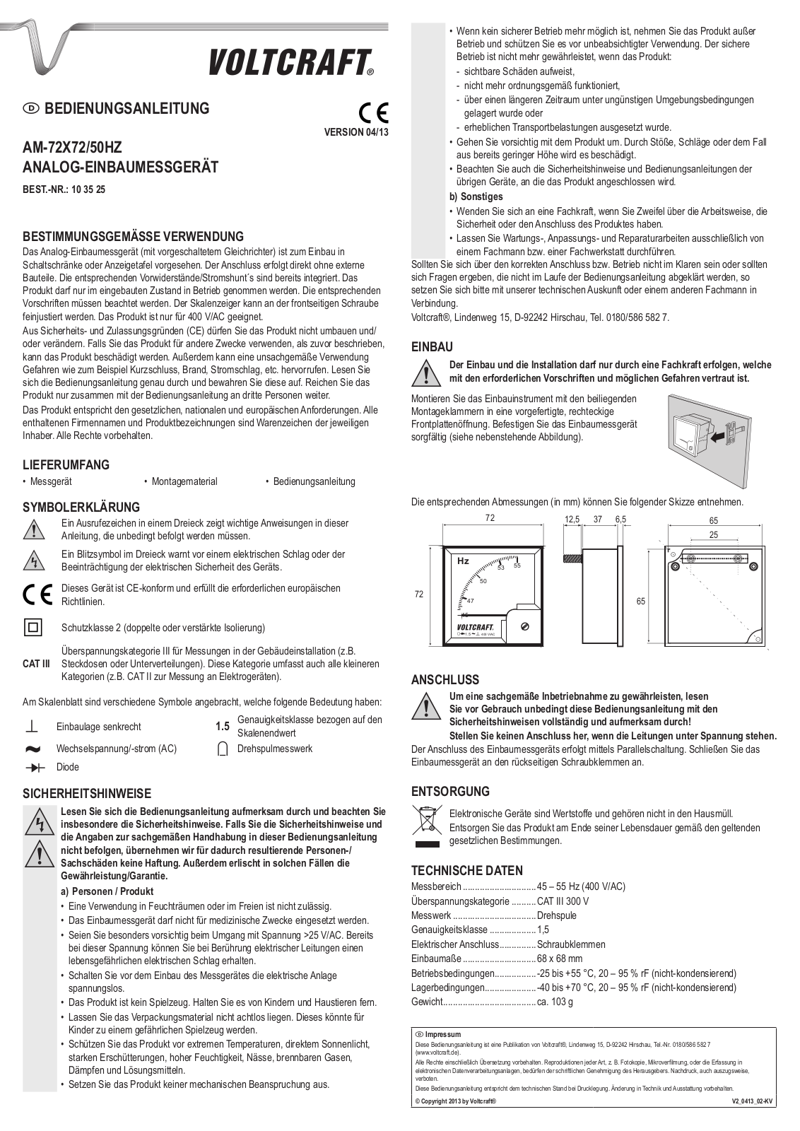 VOLTCRAFT AM-72X72/50HZ User guide