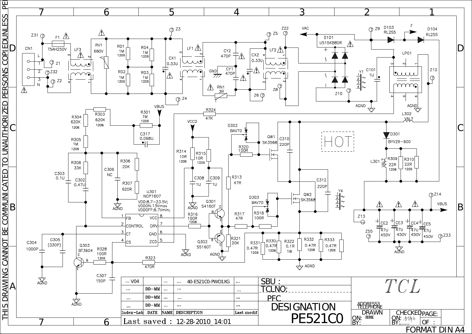 TCL PE521C0 SMPS Schematic