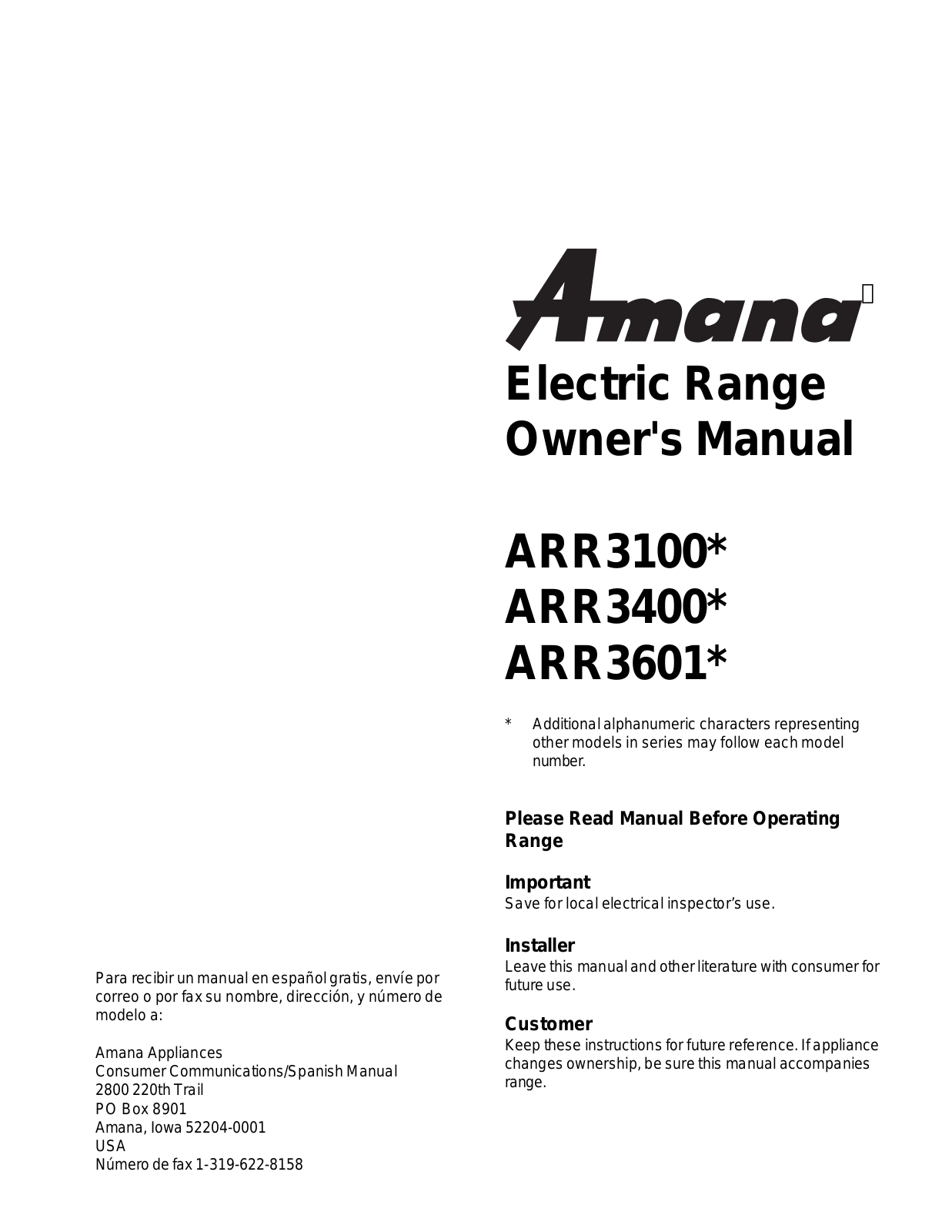 Amana ARR3601, ARR3400, ARR3100 User Manual