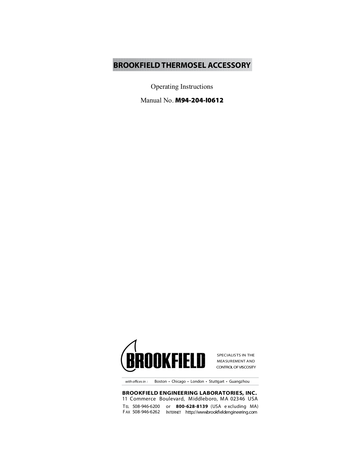 Brookfield Thermosel User Manual