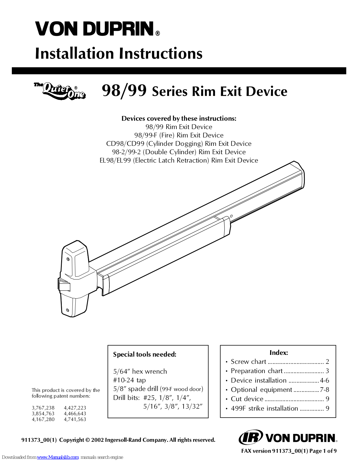 Von Duprin 98, 98-F, 99, 99-F, CD98 Installation Instructions Manual