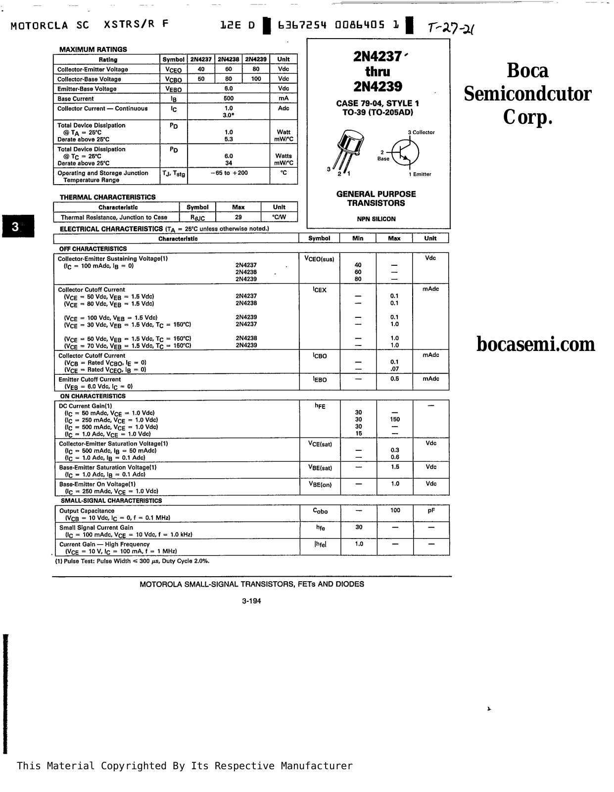 BOCA 2N4239, 2N4238, 2N4237 Datasheet