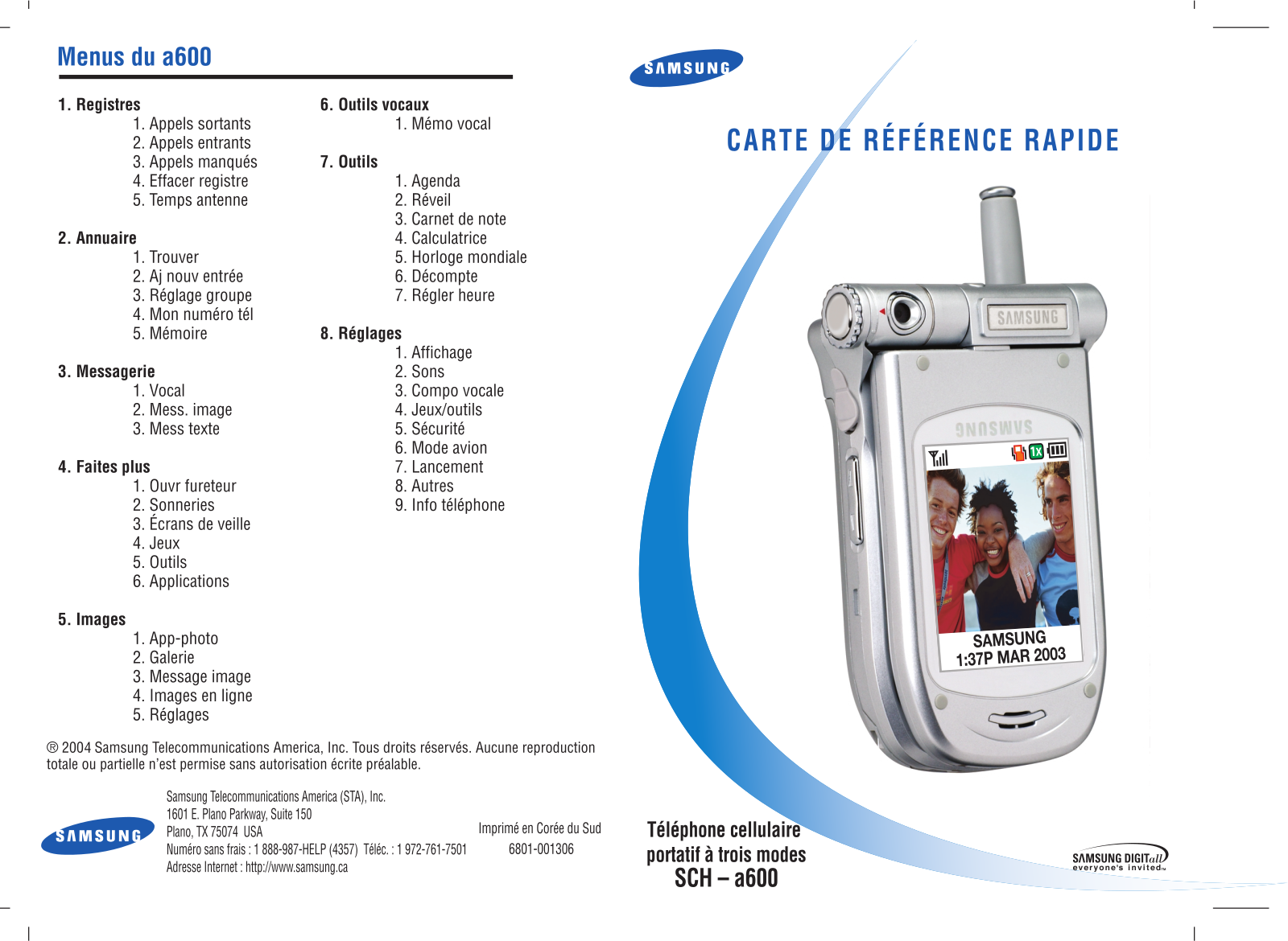 Samsung SCH-A600 QUICK REFERENCE CARD