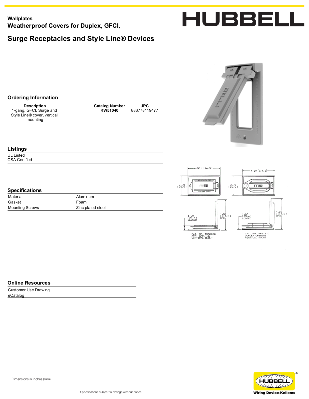 Hubbell RW51040 Specifications