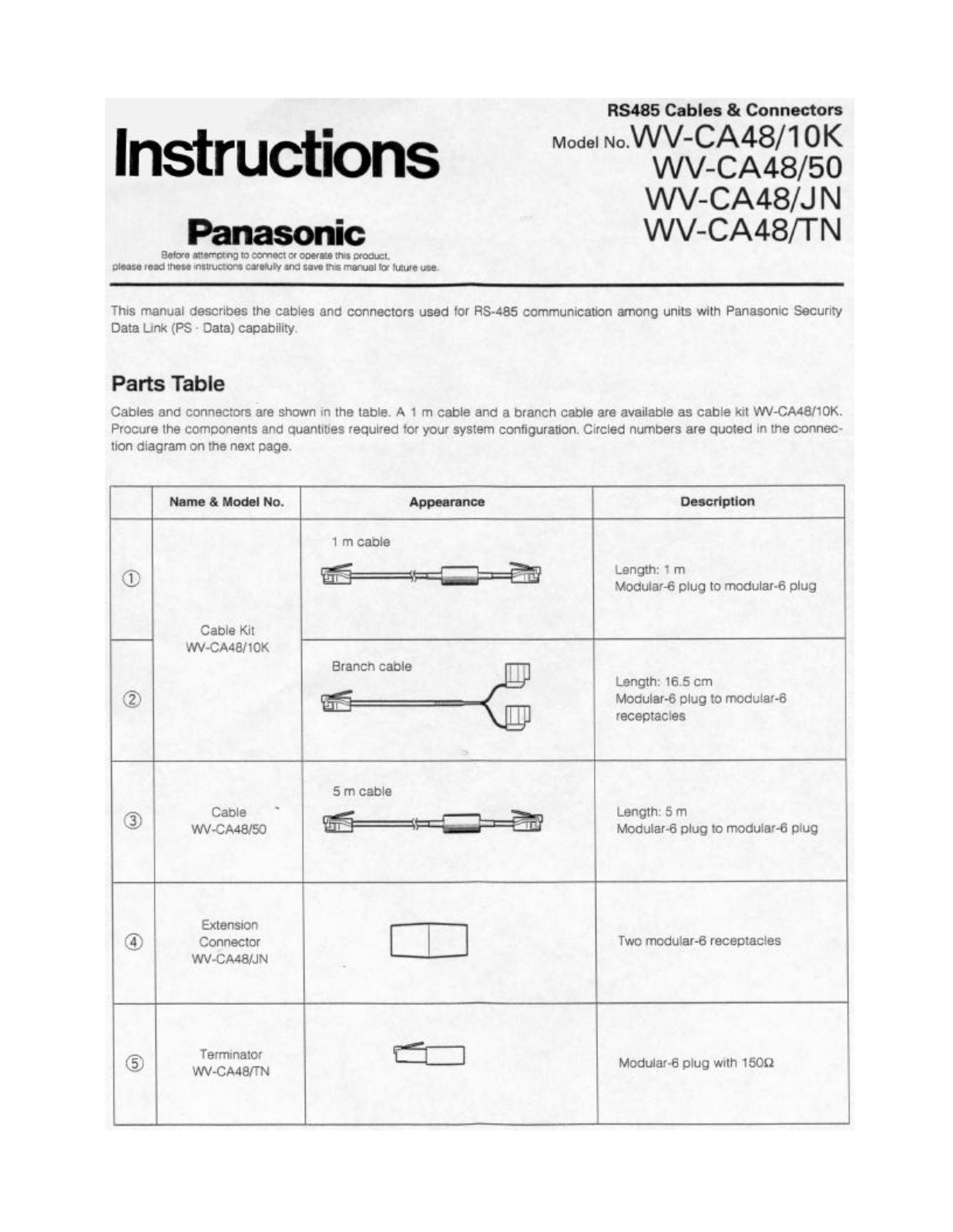 Panasonic WV-CA48JN, WV-CA48TN, WV-CA4810K, WV-CA50 Operating Instructions