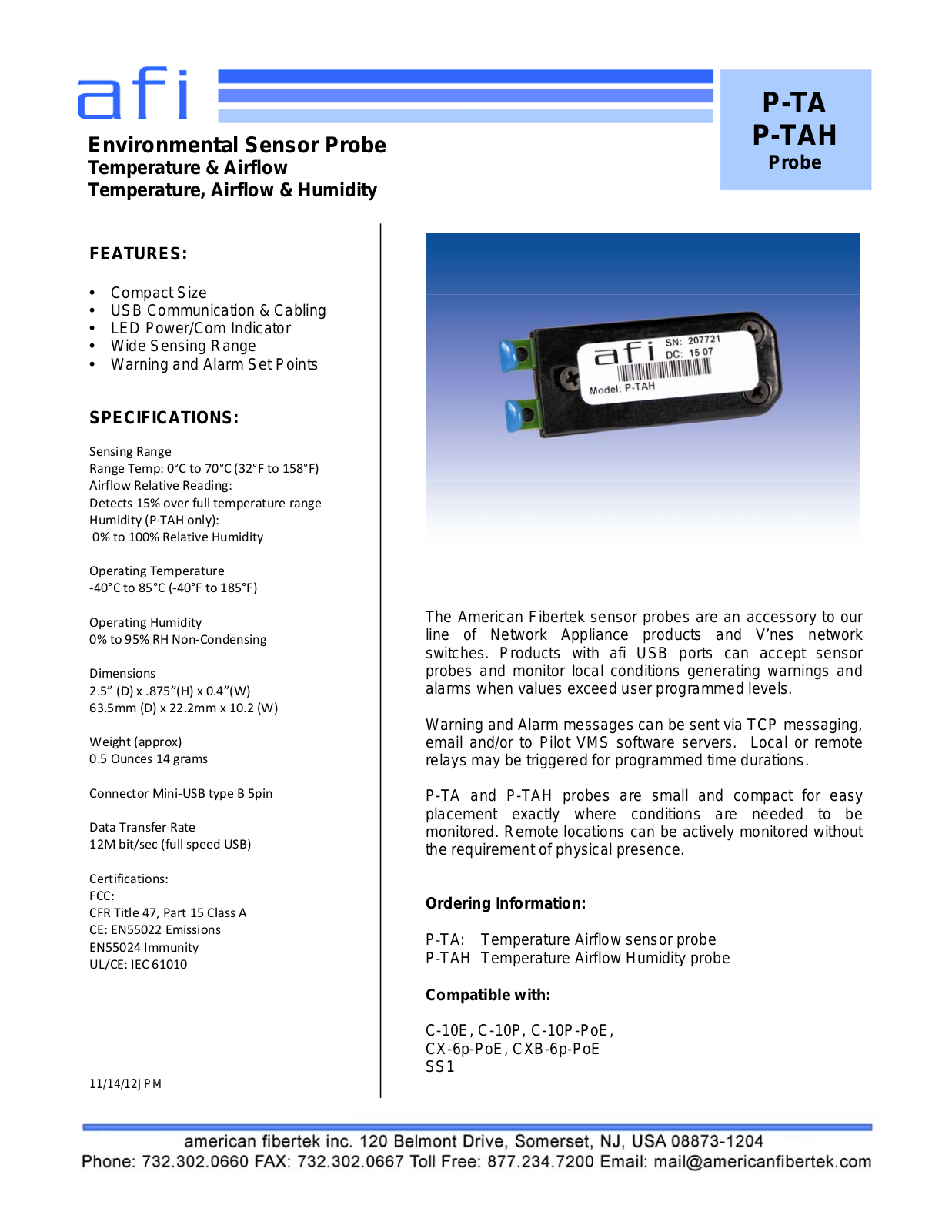 American Fibertek P-TA, P-TAH Specsheet