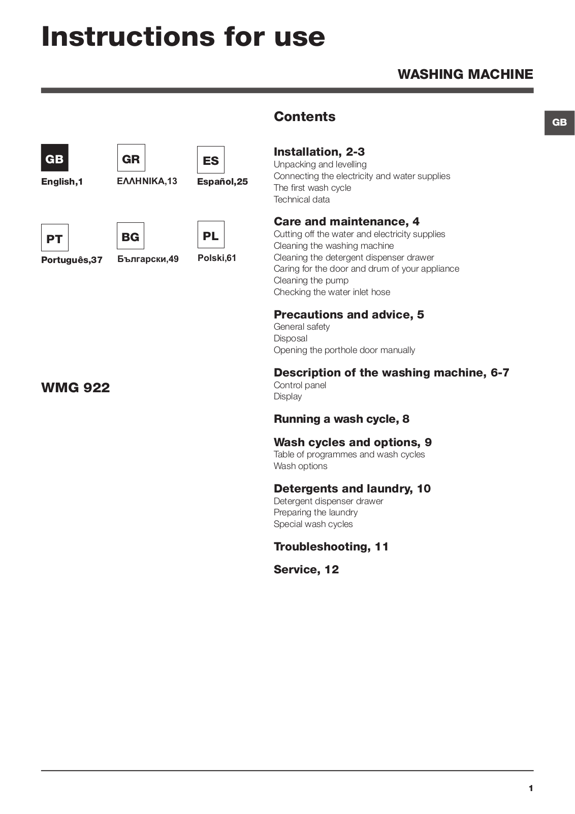 Hotpoint Ariston WMG922 User Manual