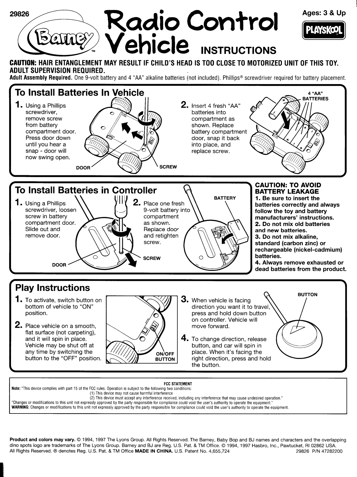 HASBRO Barney Radio Control Vehicle User Manual