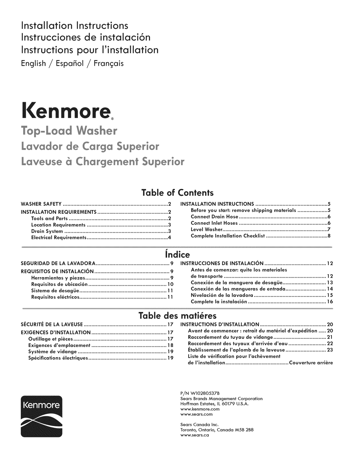 Kenmore 11020222510, 11020222511, 11020242510, 11020362810, 11020362811 Installation Guide - ManualMachine.com