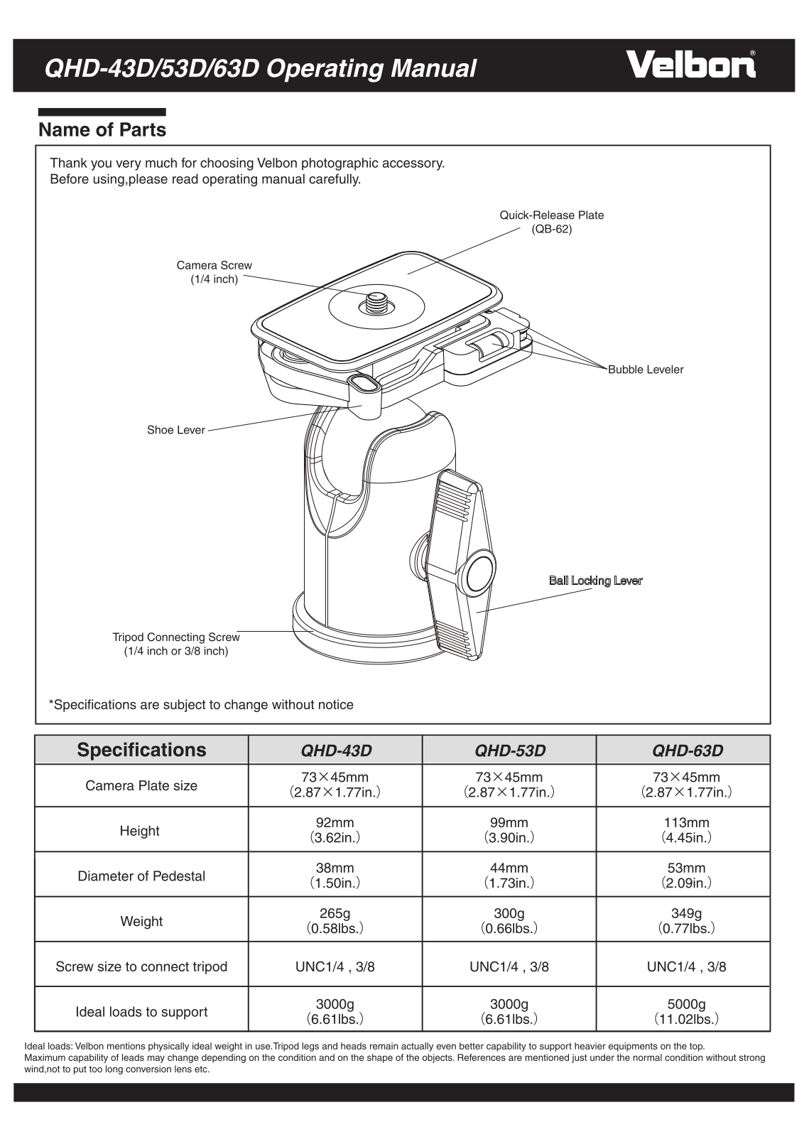 Velbon QHD-63D, QHD-53D, QHD-43D User Manual