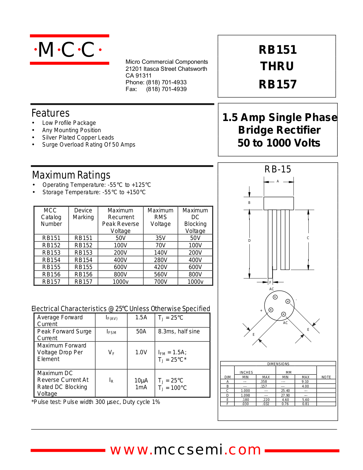 MCC RB151, RB153, RB154, RB152, RB155 Datasheet