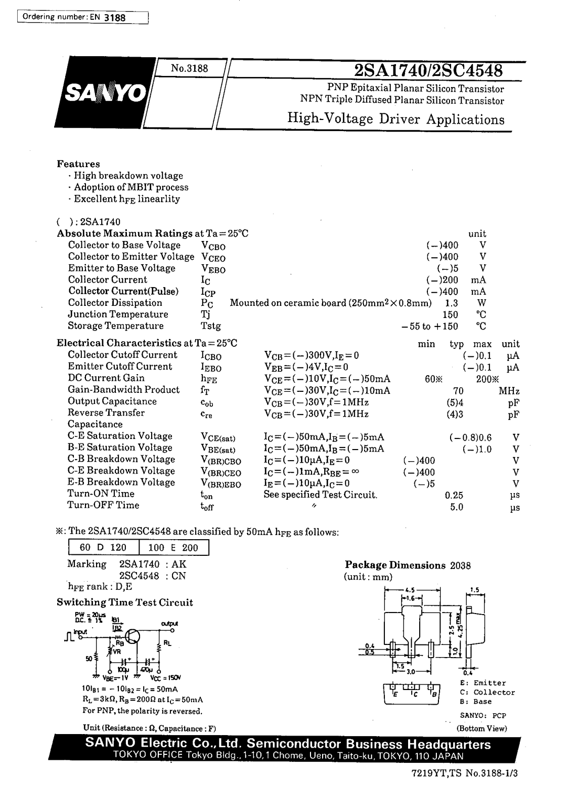 SANYO 2SC4548, 2SA1740 Datasheet