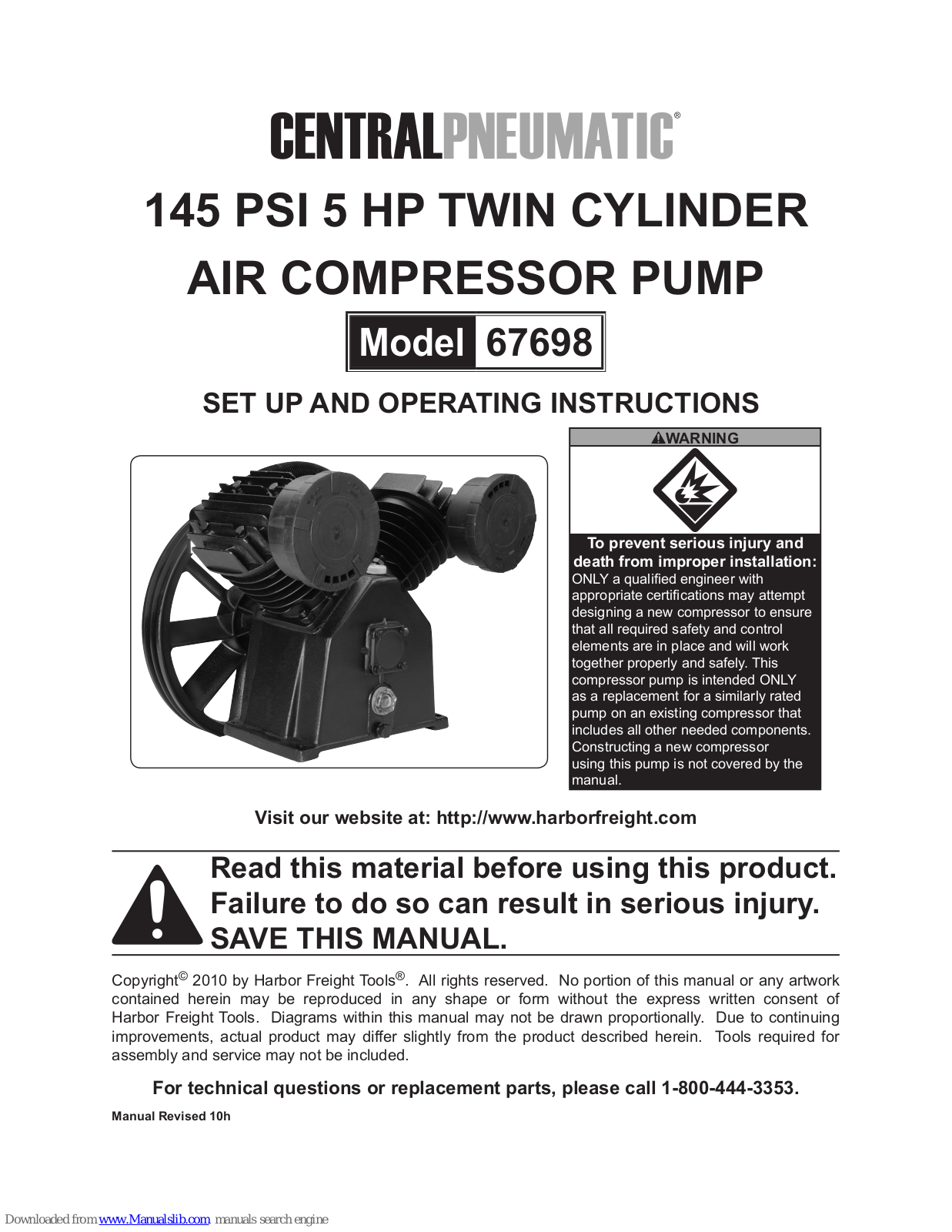 Central Pneumatic 67698 Set Up And Operating Instructions Manual