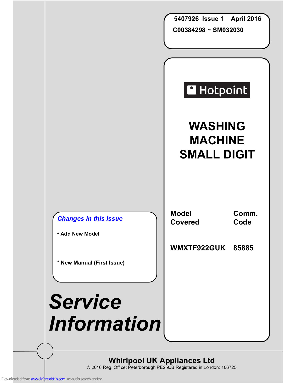 Hotpoint WMXTF922GUK Service Information