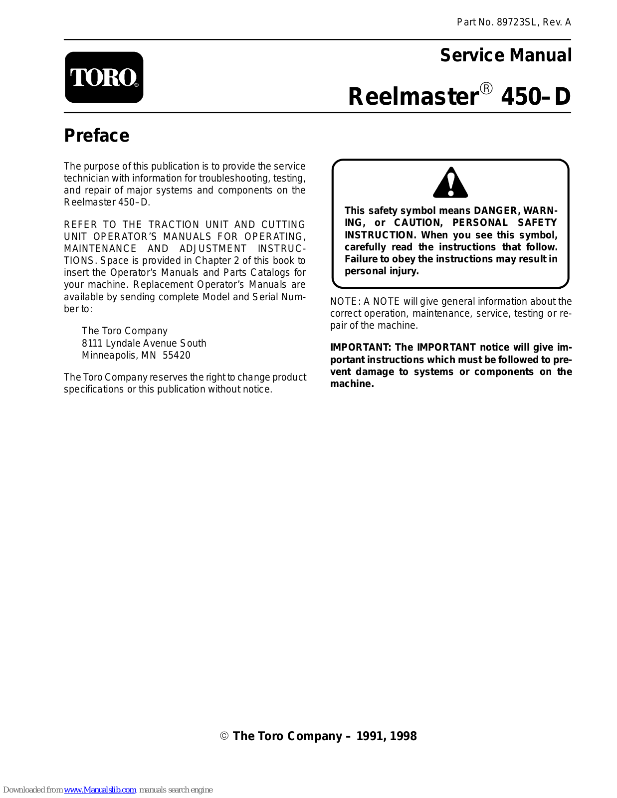 Toro Reelmaster 450–D Service Manual