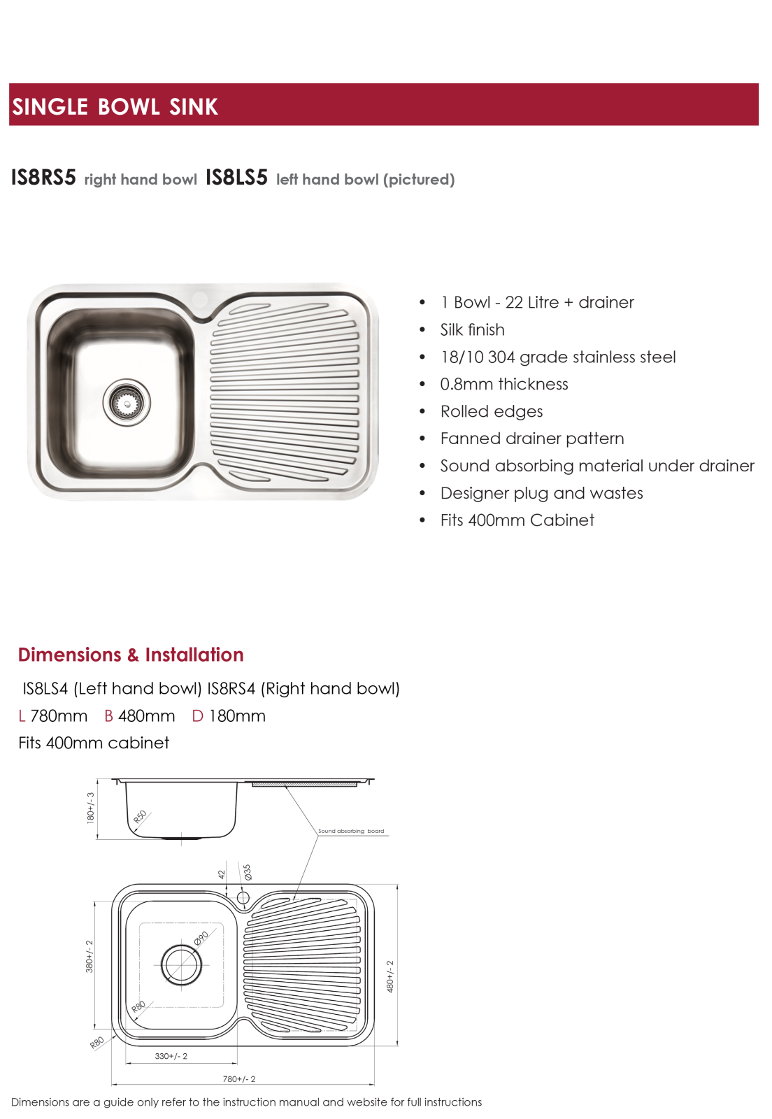 Arc IS8RS5, IS8LS5 Specifications Sheet