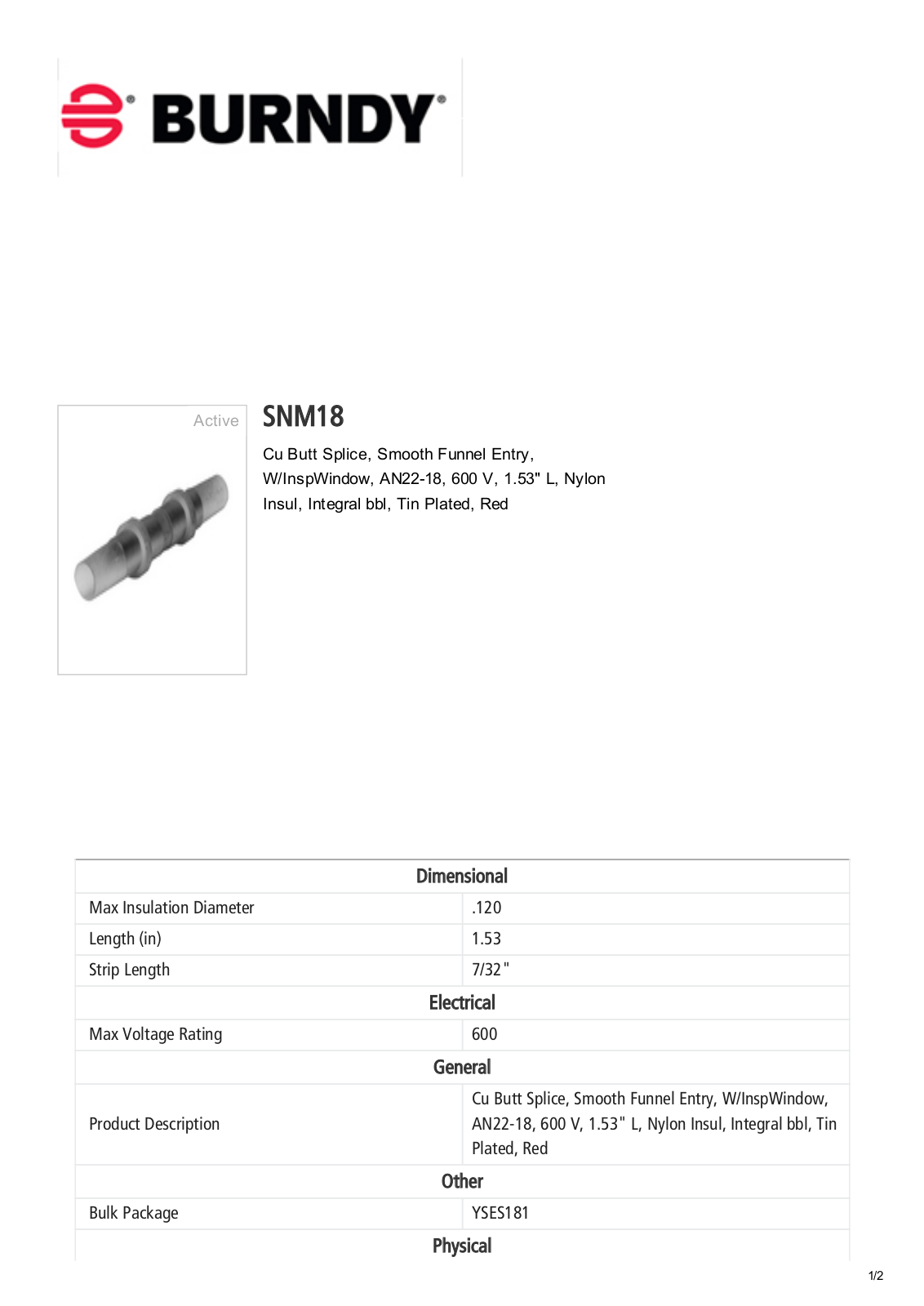 Burndy SNM18 Data Sheet