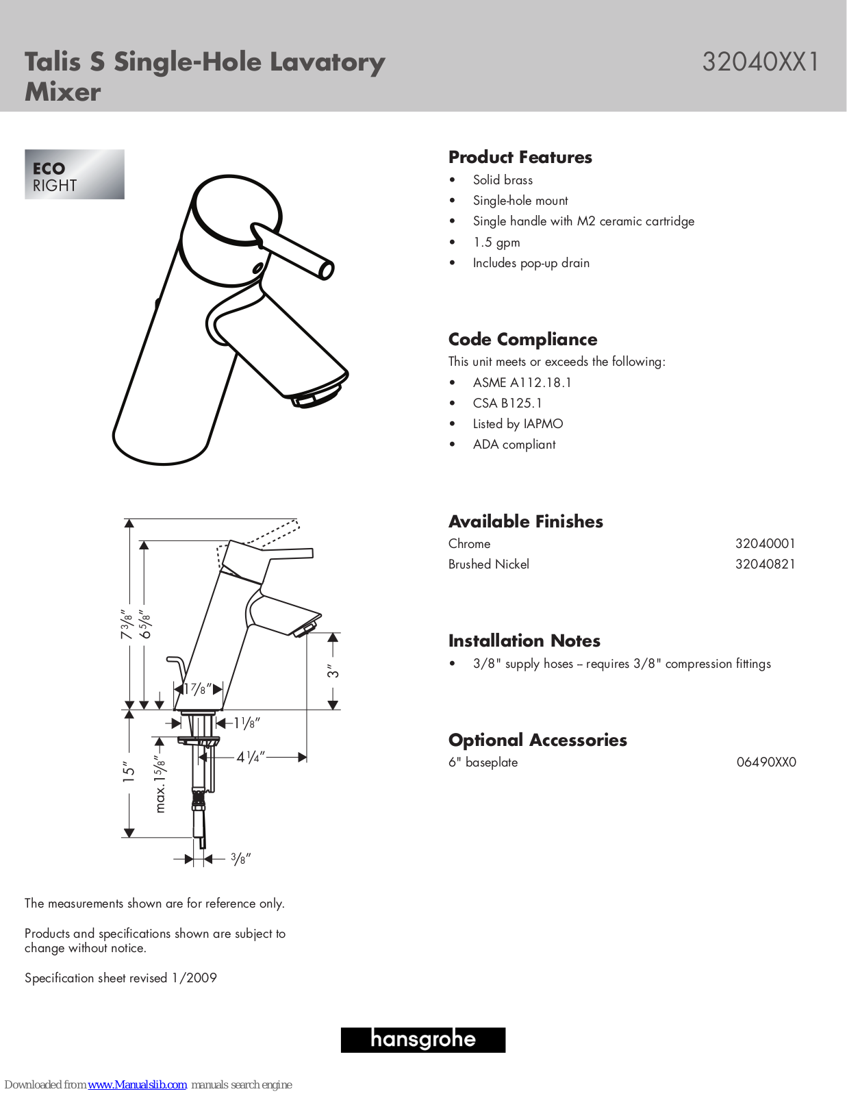 Hansgrohe 32040XX1, 32040001, 32040821 Specification Sheet