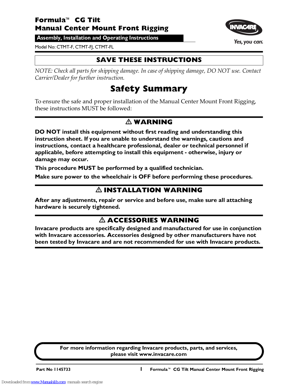 Invacare CTMT-FJ, CTMT-FL, Formula CTMT-F, Formula CTMT-FJ, Formula CTMT-FL Installation And Operating Instructions Manual