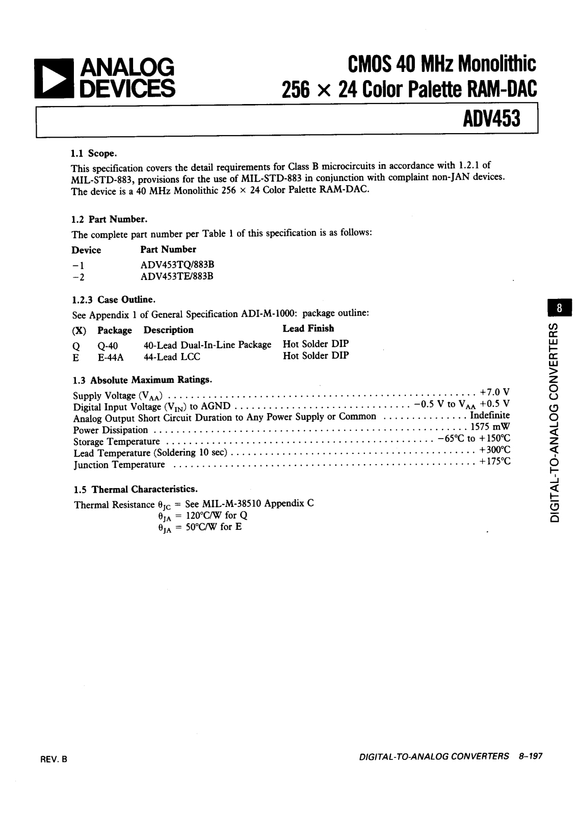 Analog Devices ADV453TQ-883B, ADV453TE-883B, ADV453KP66, ADV453KP40, ADV453KN66 Datasheet